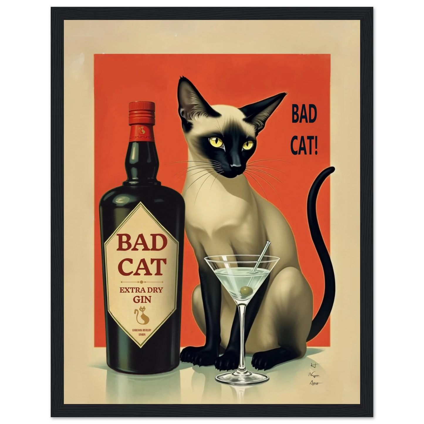 Siamese Cat Gin Martini Cocktail Art Print 27x35 cm 11x14″ Museum-Quality Matte Paper Wooden Framed Poster Black Wood Frame