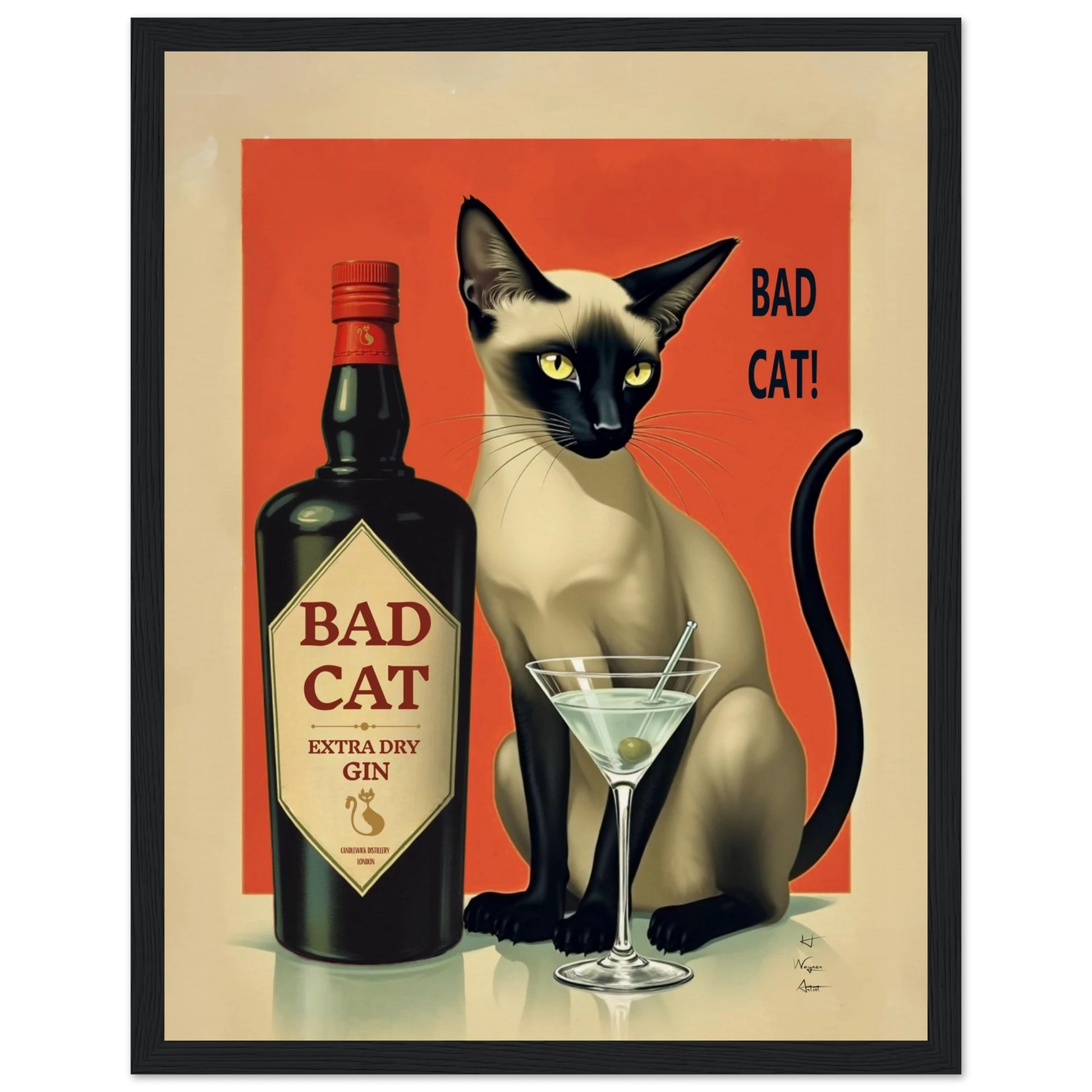 Siamese Cat Gin Martini Cocktail Art Print 27x35 cm 11x14″ Museum-Quality Matte Paper Wooden Framed Poster Black Wood Frame