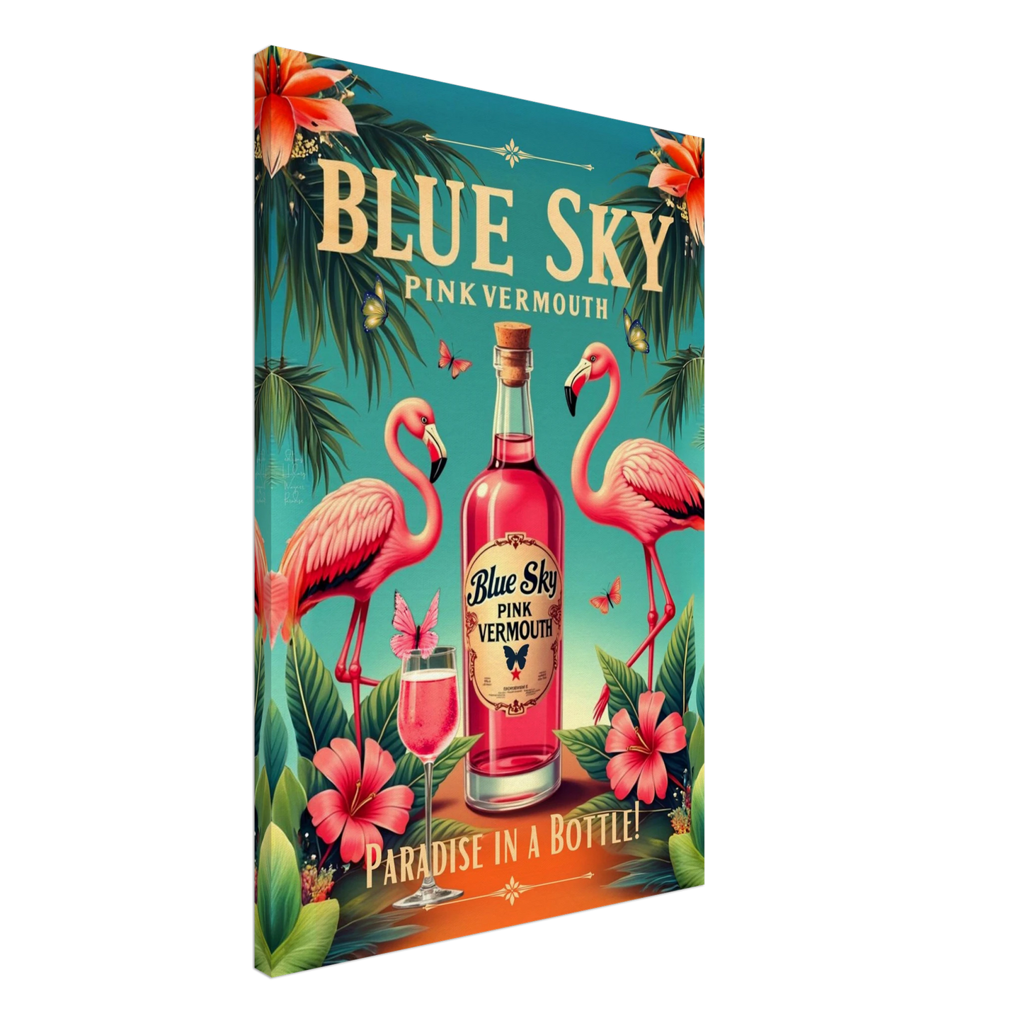 Vintage Pink Flamingo Tiki Bar Art Print 60x90 cm 24x36″ Gallery Wrapped Canvas No Frame