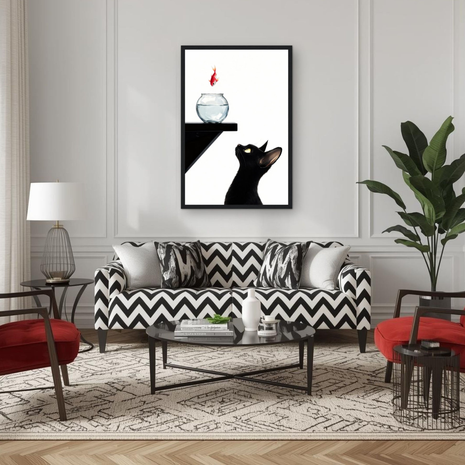 Curious Black Cat Goldfish Minimalist Art Print