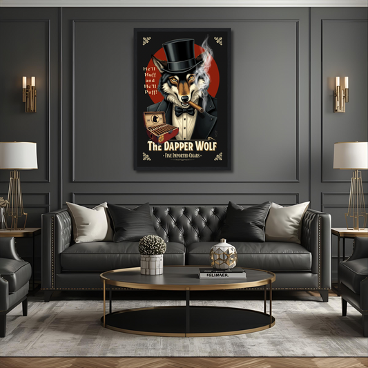 Smoking Wolf Retro Cigar Art Print 30x45 cm 12x18″ Premium Matte Paper Wooden Framed Poster Dark Brown Wood Frame