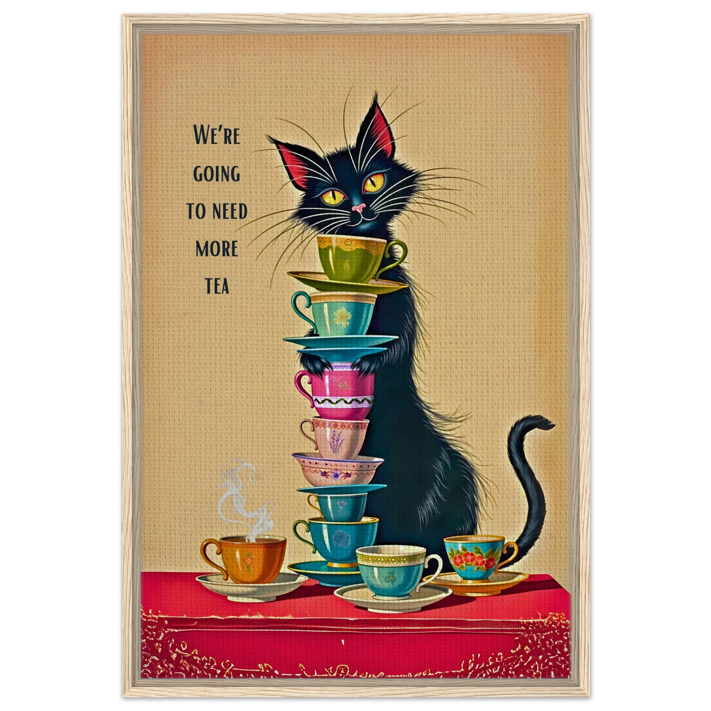 Quirky Cat Funny Tea Art Print 60x90 cm 24x36″ Framed Canvas Light Wood Frame