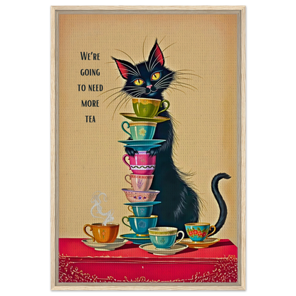 Quirky Cat Funny Tea Art Print 60x90 cm 24x36″ Framed Canvas Light Wood Frame