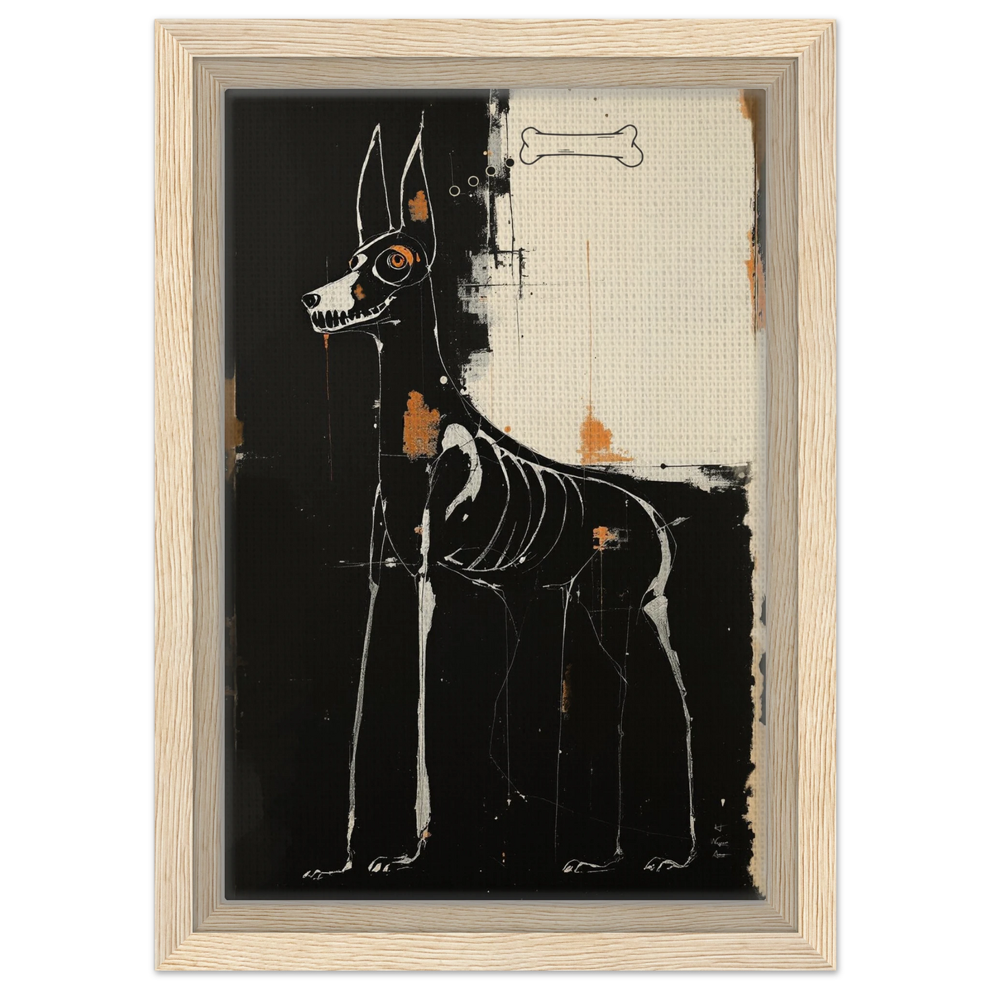 X-ray Skeleton Dog Abstract Art Poster Print 20x30 cm 8x12″ Framed Canvas Light Wood Frame