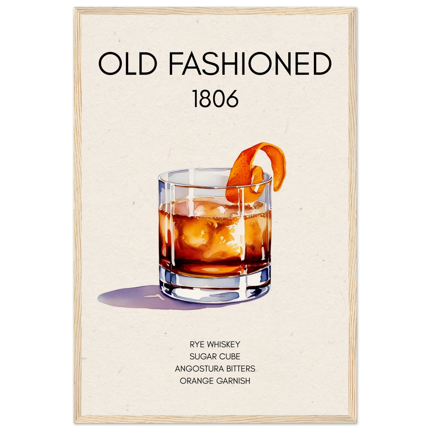Classic Old Fashioned Cocktail Bar Poster Print Light Wood Frame 40x60 cm 16x24″ Museum-Quality Matte Paper Wooden Framed Poster