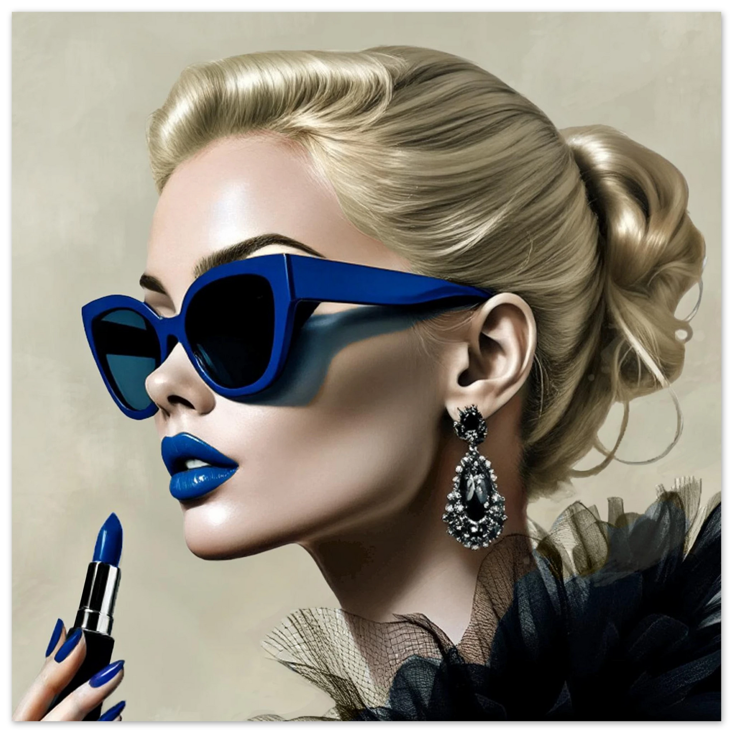 Retro Fashion Model Blue Lipstick Art Print 45x45 cm 18x18″ Classic Matte Paper Poster