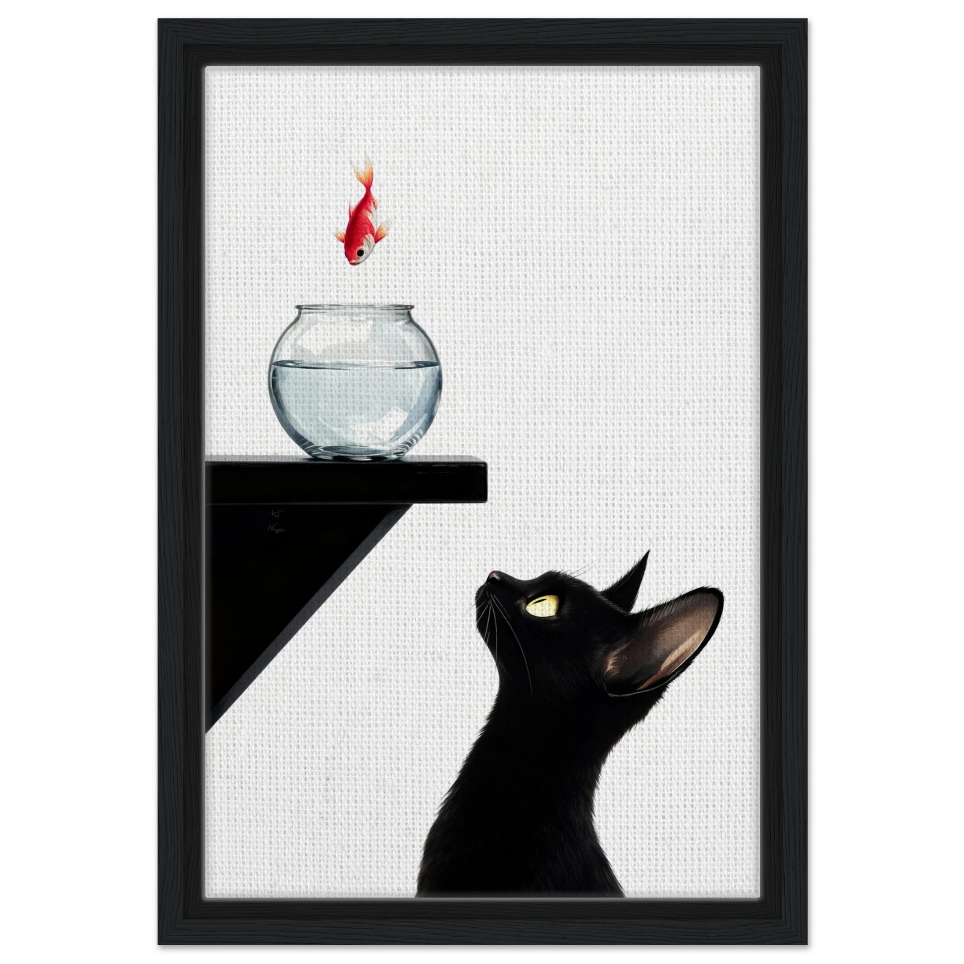 Curious Black Cat Goldfish Minimalist Art Print 30x45 cm 12x18″ Framed Canvas - Black Wood