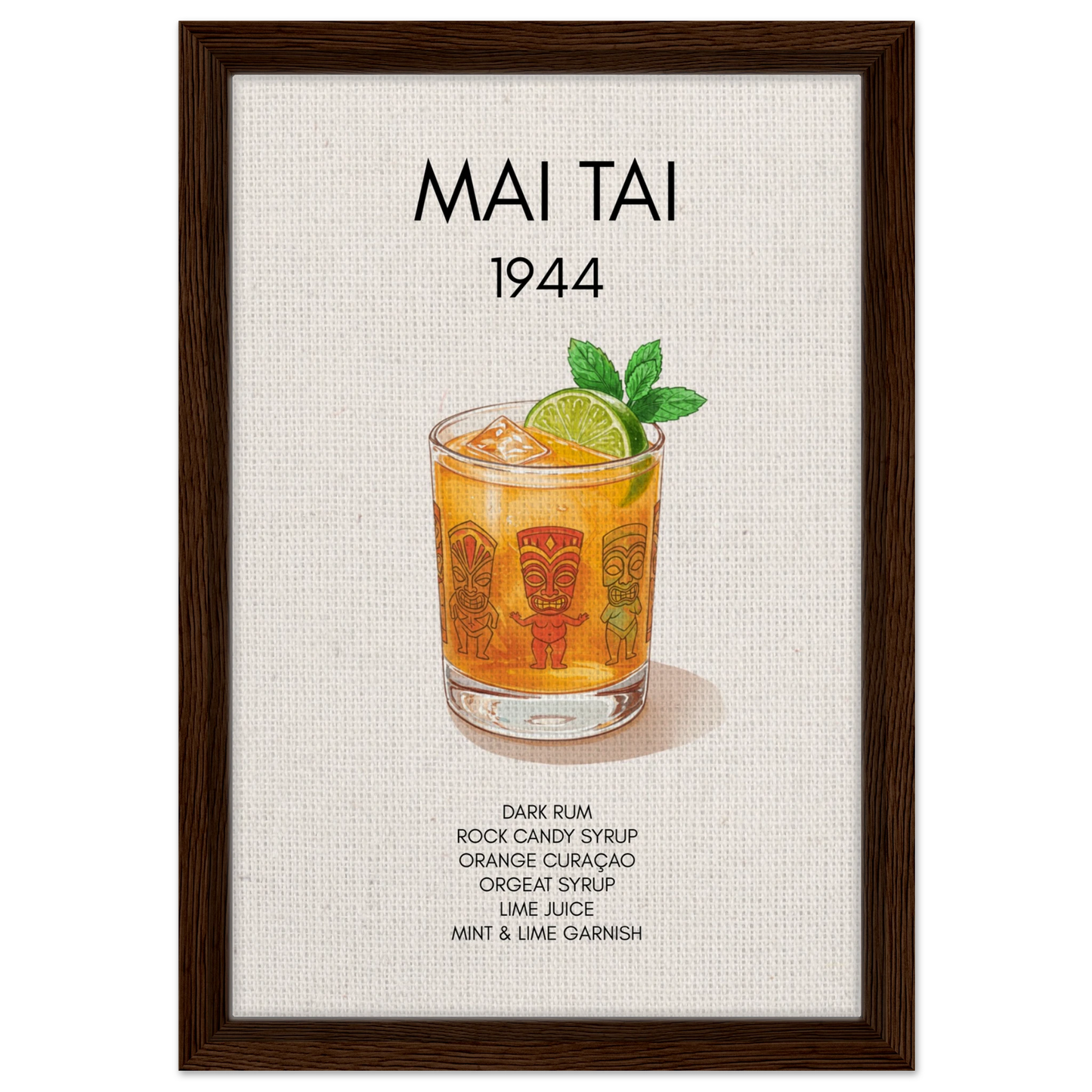 Mai Tai Tropical Cocktail Bar Poster Print Dark Brown Wood Frame 30x45 cm 12x18″ Framed Canvas