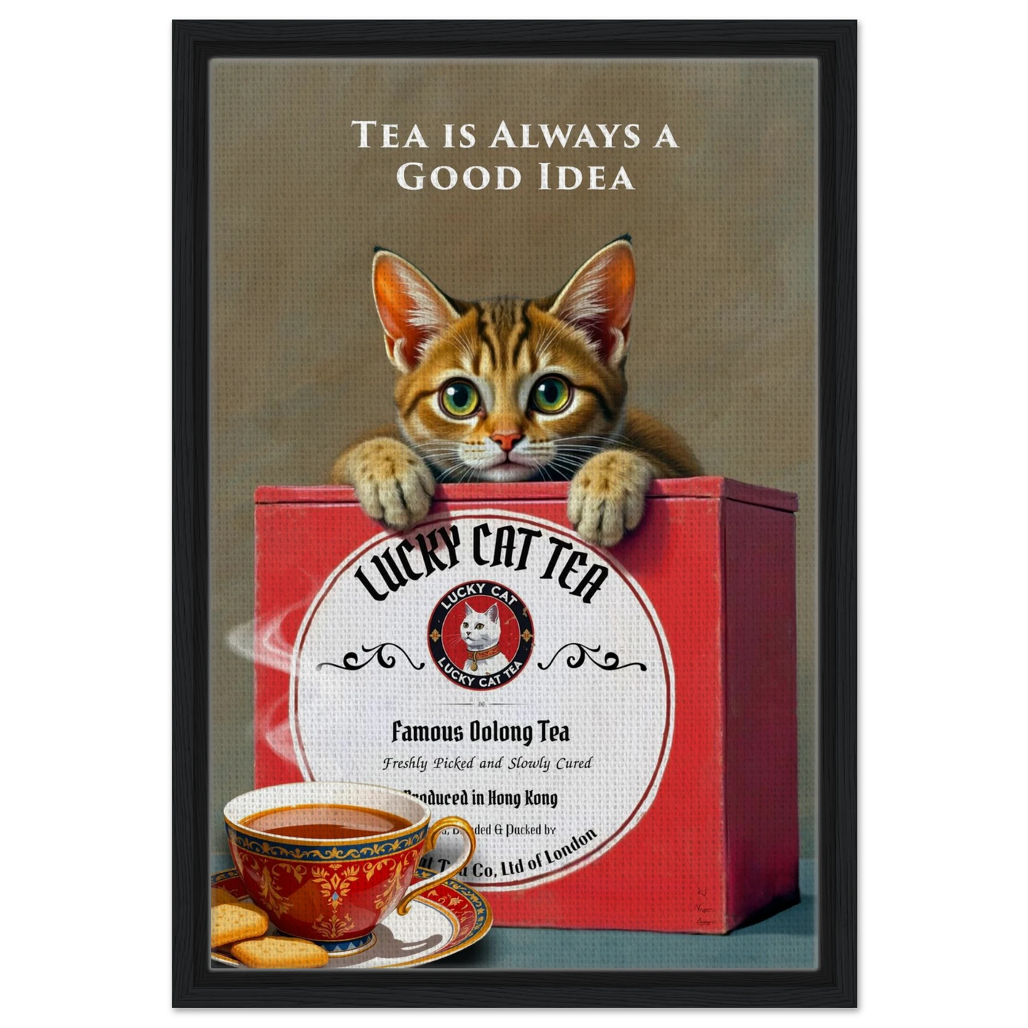 Lucky Cat Tea Vintage Kitchen Art Print Black Wood frame 40x60 cm 16x24″ Framed Canvas