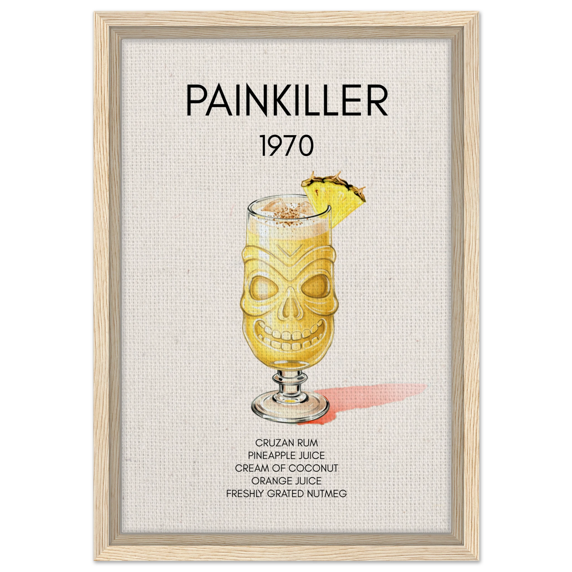 Painkiller Cocktail Bar Art Tiki Print Light Wood Frame 30x45 cm 12x18″ Framed Canvas