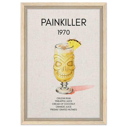 Painkiller Cocktail Bar Art Tiki Print Light Wood Frame 30x45 cm 12x18″ Framed Canvas