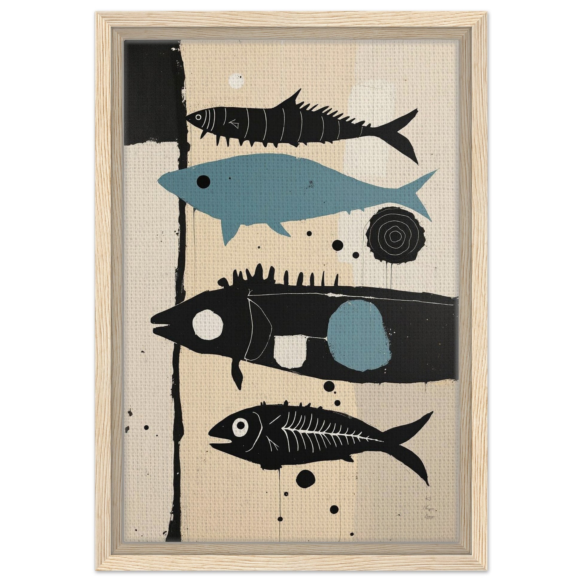 Mid-Century Modern Fish Art Poster Print – Framed Abstract Neutral Wall Decor Light Wood Frame 30x45 cm 12x18″ Framed Canvas