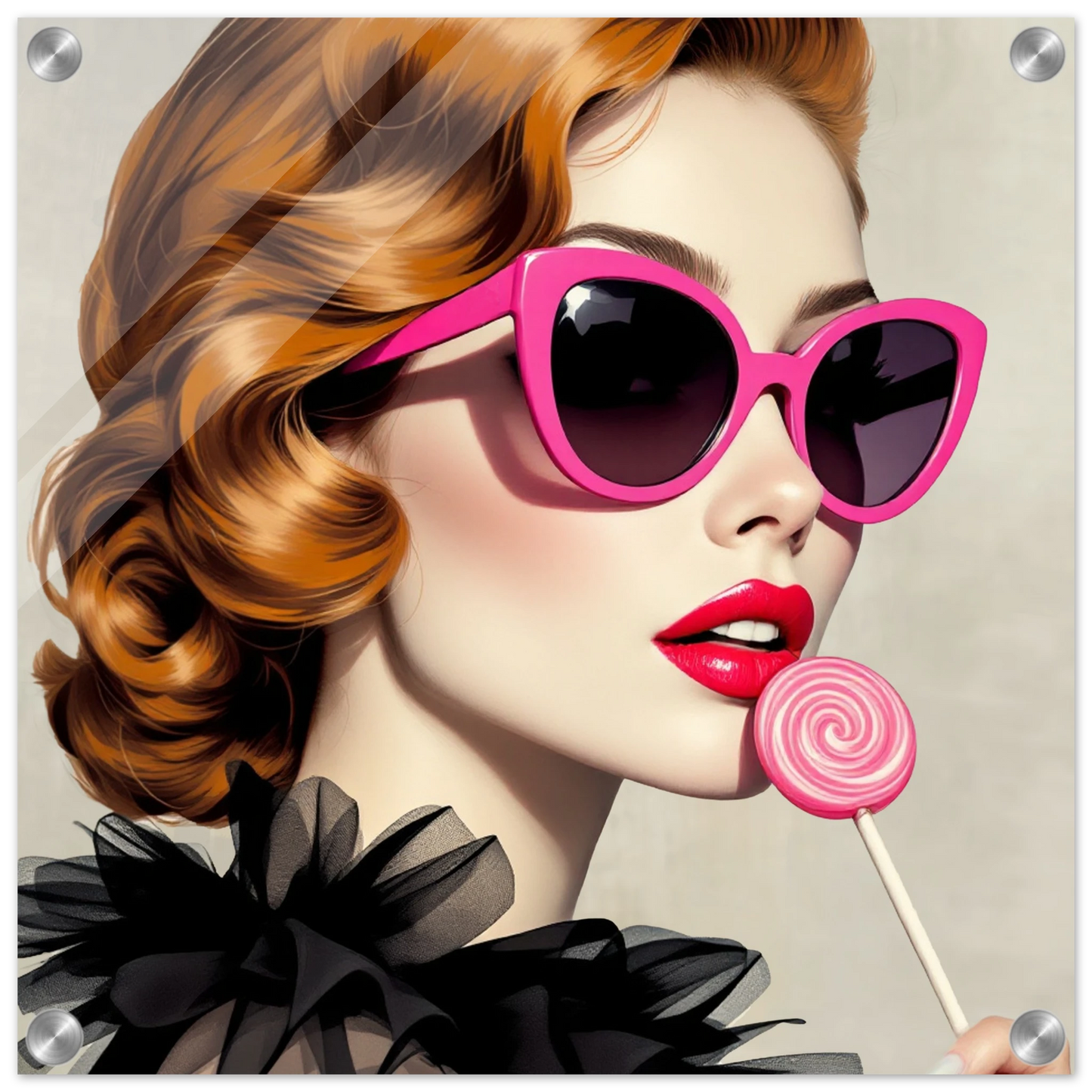 Retro Glam Fashion Model Lollipop Art Print Sleek Acrylic Print 40x40 cm 16x16″