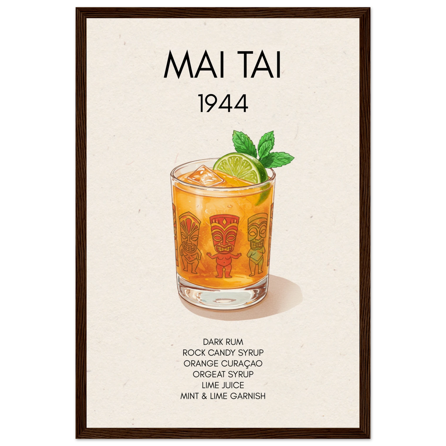 Mai Tai Tropical Cocktail Bar Poster Print Dark Brown Wood Frame 30x45 cm 12x18″ Museum-Quality Matte Paper Wooden Framed Poster