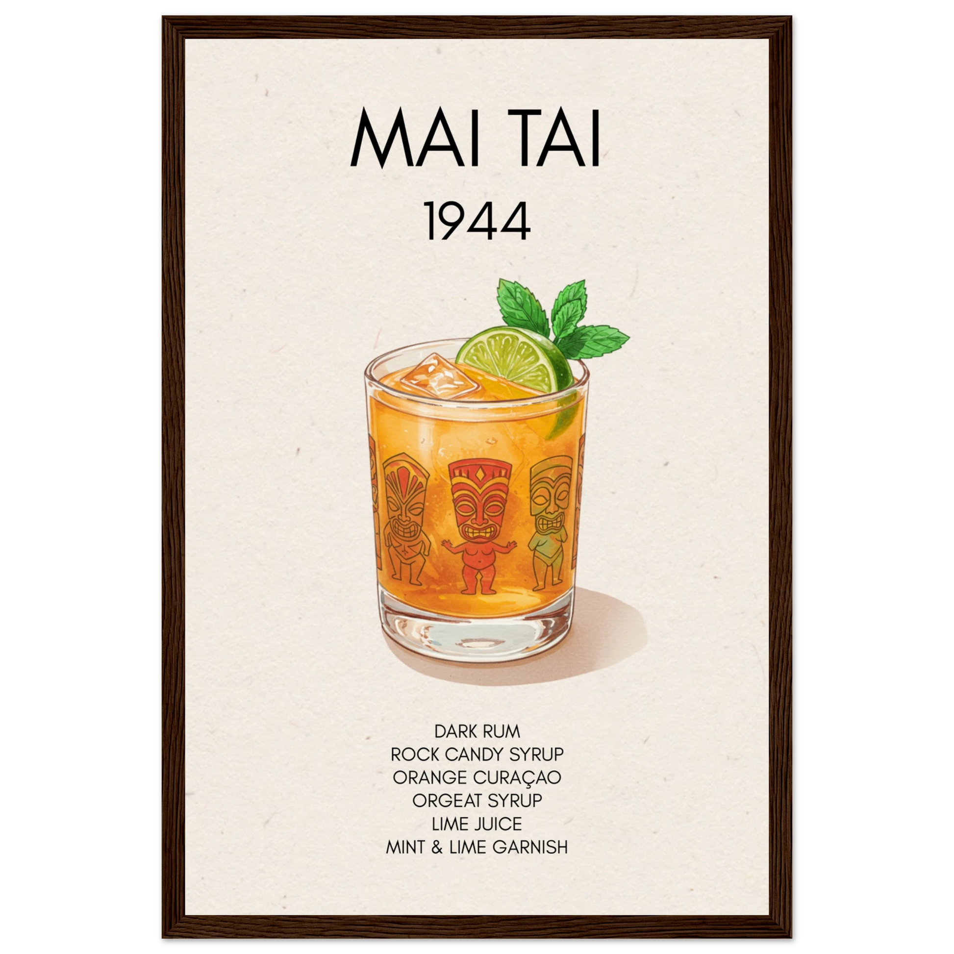 Mai Tai Tropical Cocktail Bar Poster Print Dark Brown Wood Frame 30x45 cm 12x18″ Museum-Quality Matte Paper Wooden Framed Poster