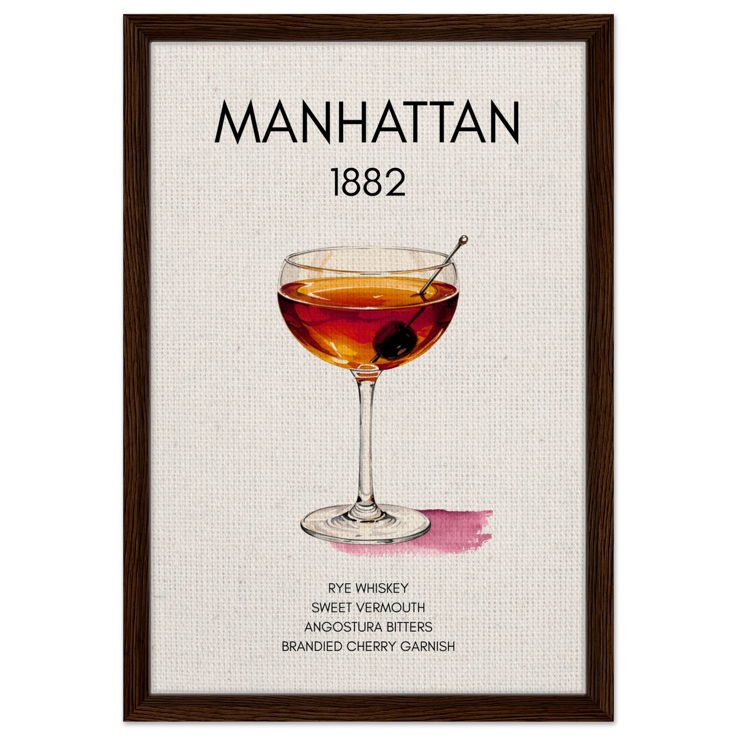 Classic Manhattan Cocktail Bar Art Poster Print Dark Brown Wood Frame 40x60 cm 16x24″ Framed Canvas