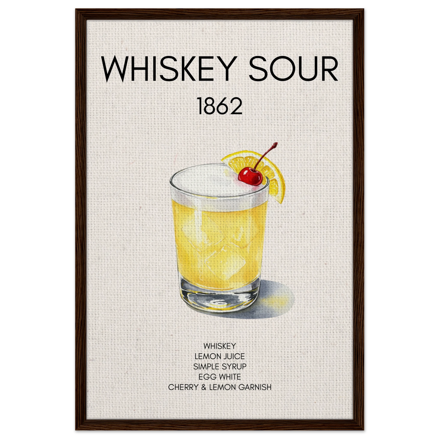Whiskey Sour Cocktail Bar Poster Print Dark Brown Wood Frame 60x90 cm 24x36″ Framed Canvas