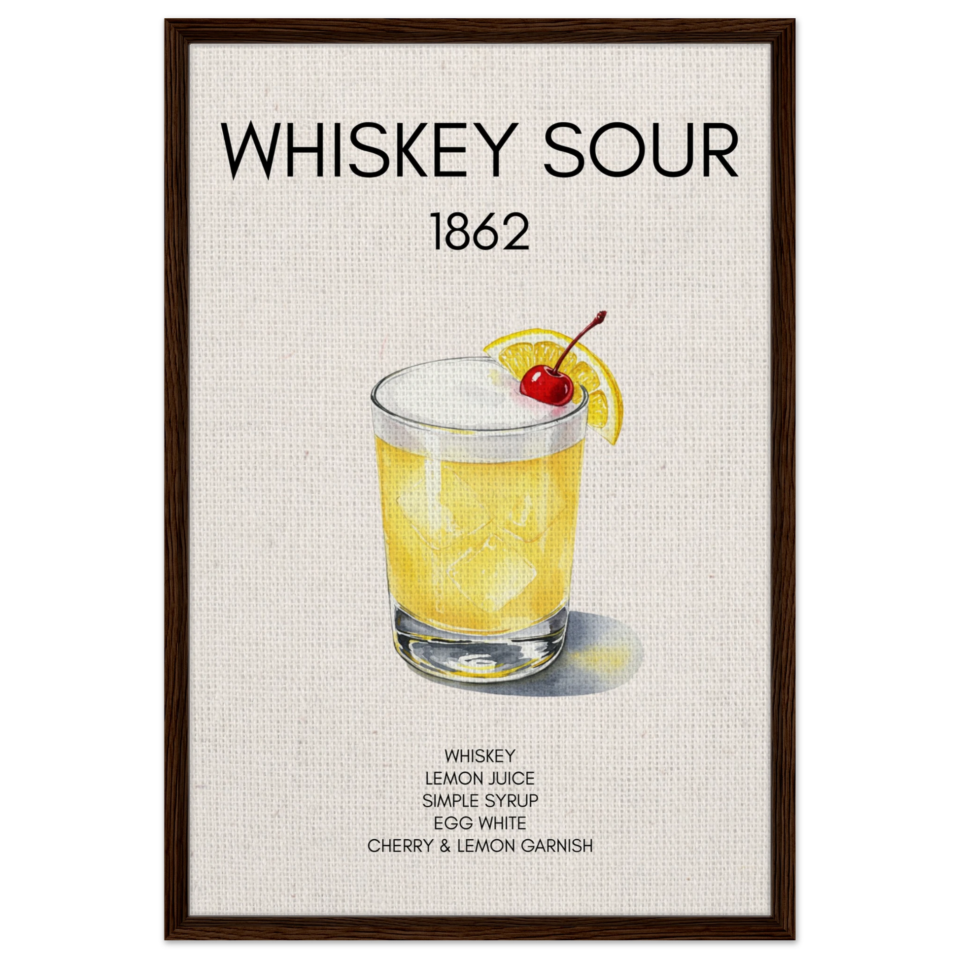 Whiskey Sour Cocktail Bar Art Print Dark Brown Wood Frame 60x90 cm 24x36″ Framed Canvas