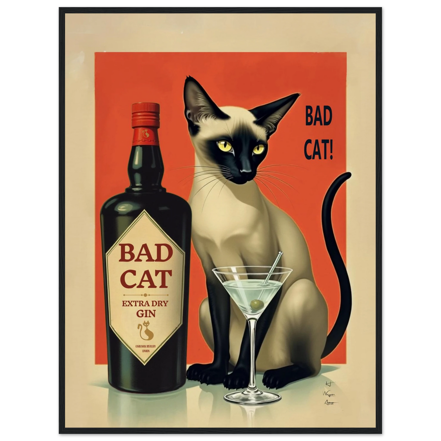 Siamese Cat Gin Martini Cocktail Art Print 60x80 cm 24x32″ Museum-Quality Matte Paper Wooden Framed Poster Black Wood Frame