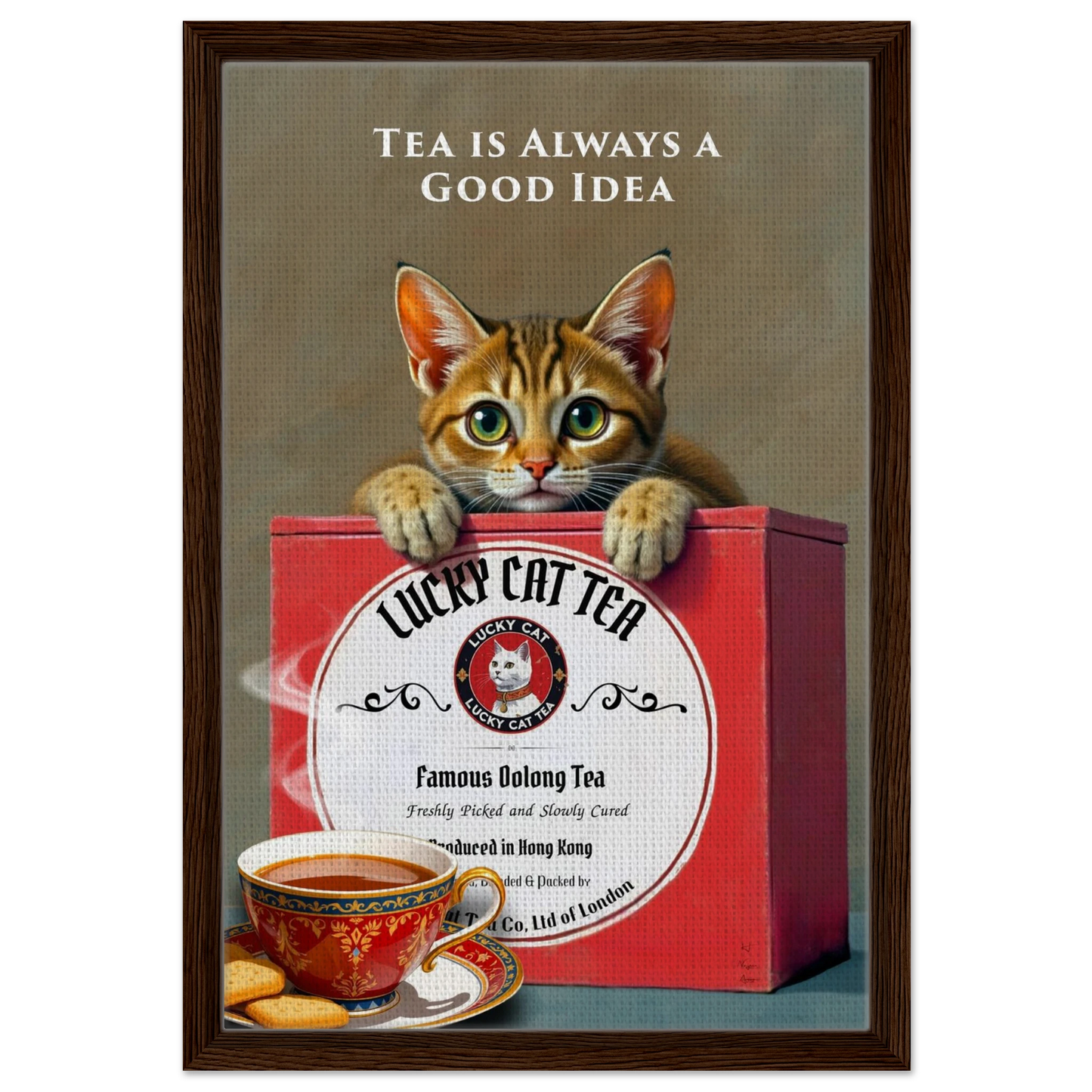 Lucky Cat Tea Vintage Kitchen Art Print Dark Brown Wood Frame 40x60 cm 16x24″ Framed Canvas