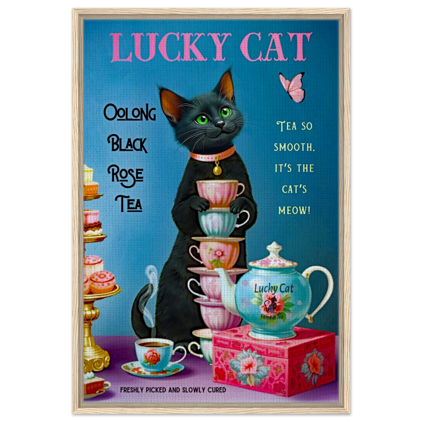 Lucky Cat Vintage Oolong Tea Art Print 60x90 cm 24x36″ Framed Canvas Light Wood Frame