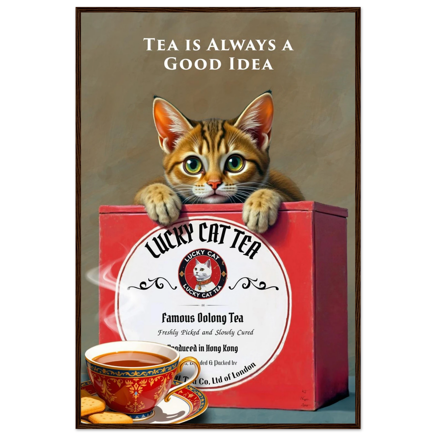 Lucky Cat Tea Vintage Kitchen Art Print Dark Brown Wood Frame 60x90 cm 24x36″ Premium Matte Paper Wooden Framed Poster