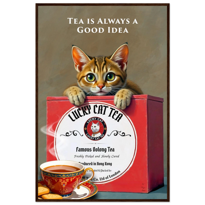 Tabby Lucky Cat Tea Vintage Kitchen Art Print Dark Brown Wood Frame 60x90 cm 24x36″ Premium Matte Paper Wooden Framed Poster