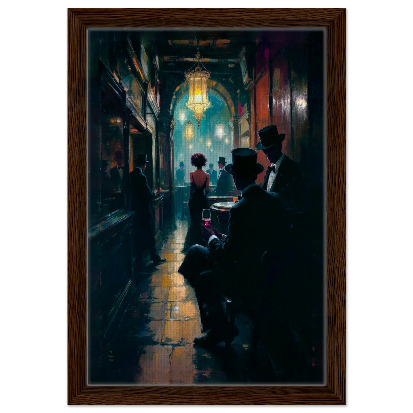 Prohibition Speakeasy Art Deco Print Dark Brown Wood Frame 30x45 cm 12x18″ Framed Canvas