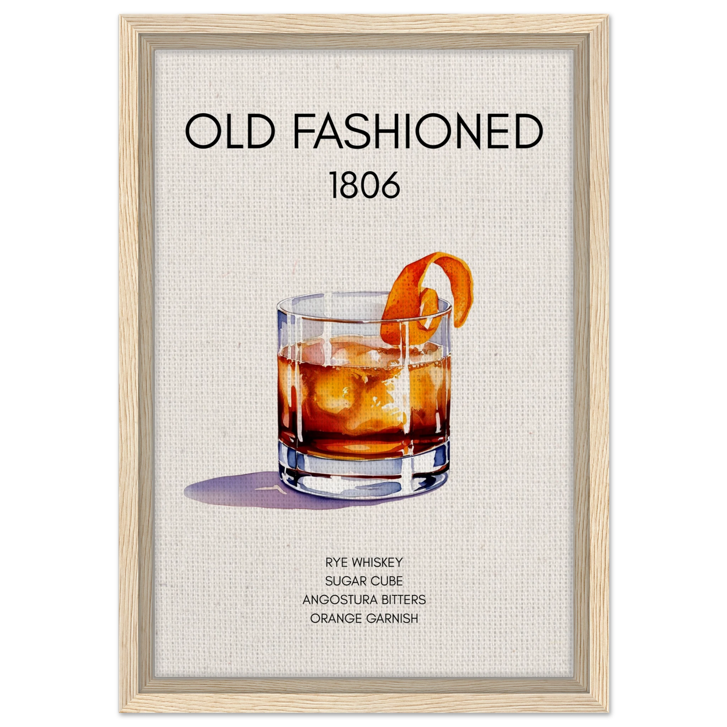 Classic Old Fashioned Cocktail Bar Poster Print Light Wood Frame 30x45 cm 12x18″ Framed Canvas