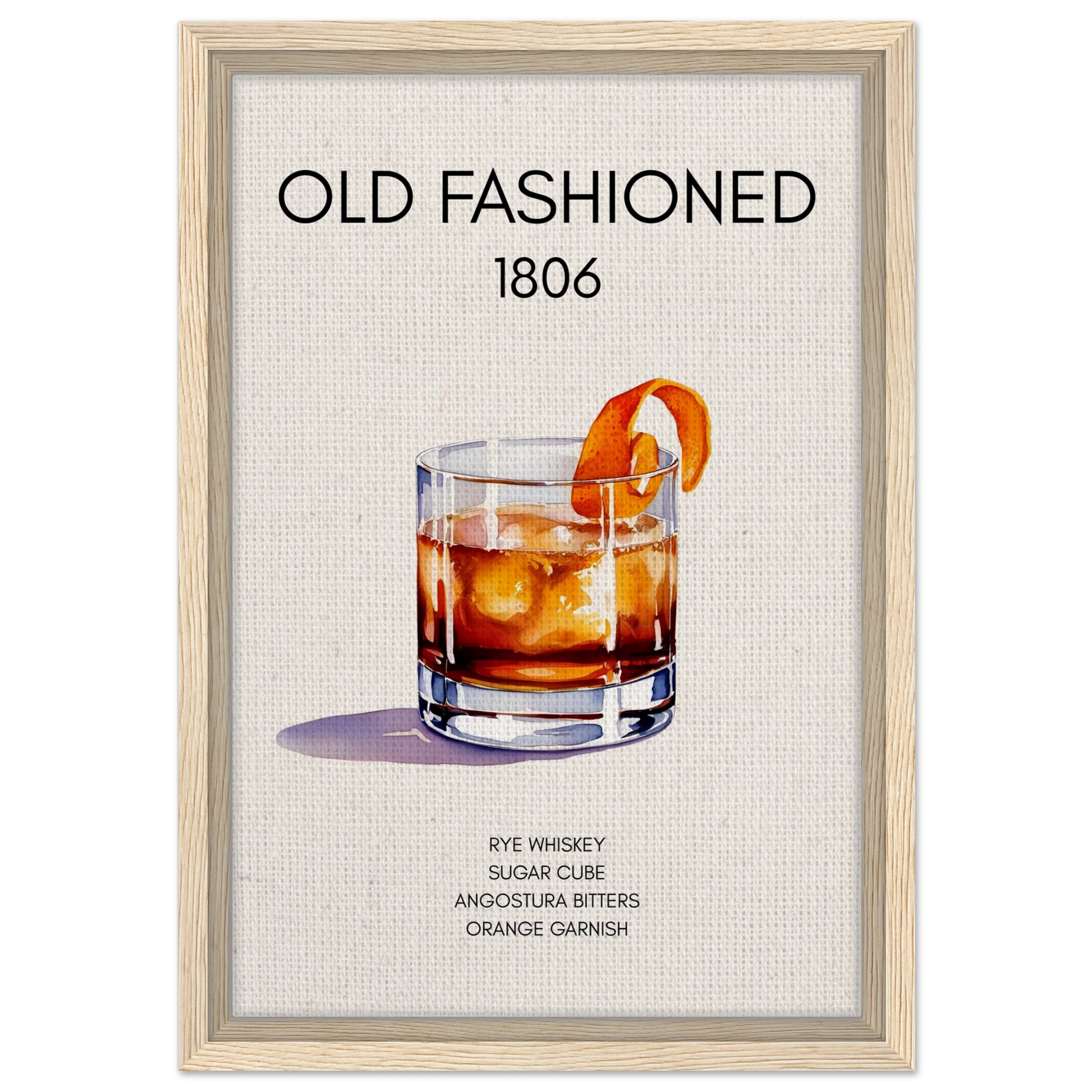 Classic Old Fashioned Cocktail Bar Art Print Light Wood Frame 30x45 cm 12x18″ Framed Canvas