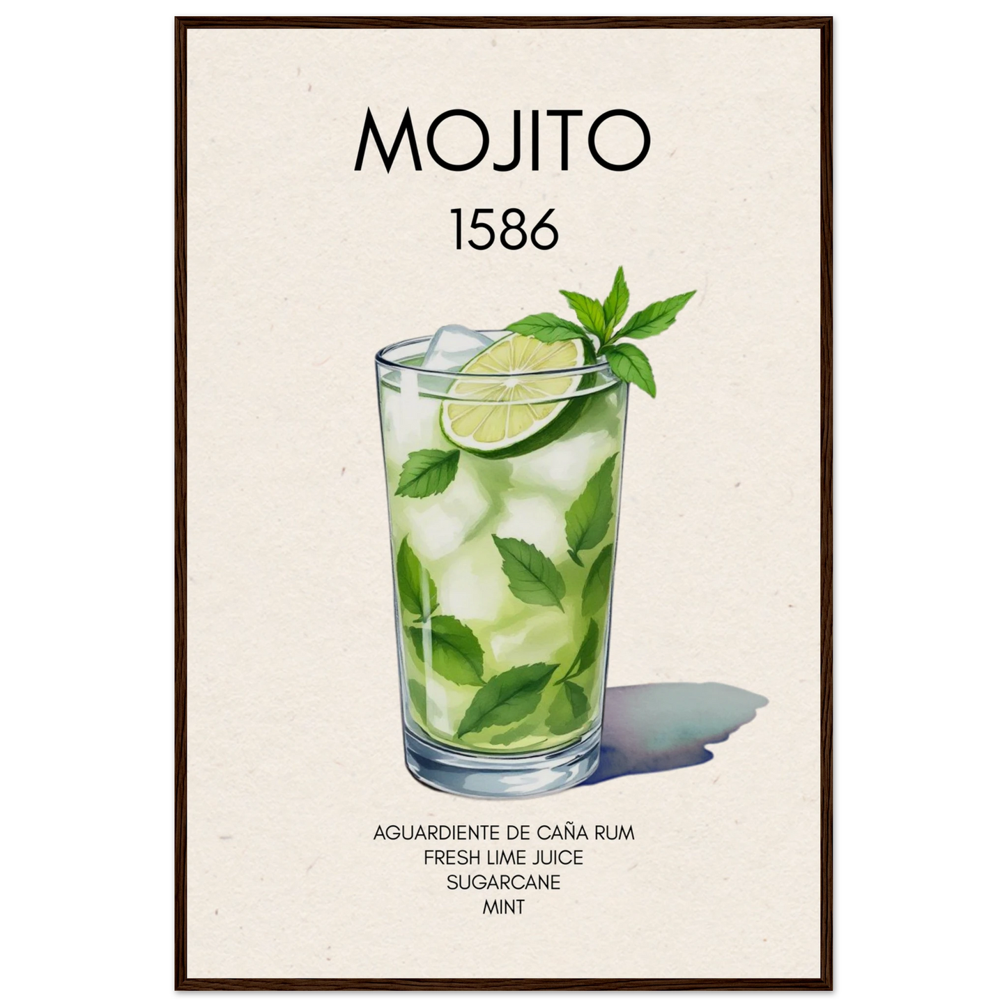 Mojito Cocktail Bar Poster Print Dark Brown Wood Frame 60x90 cm 24x36″ Museum-Quality Matte Paper Wooden Framed Poster
