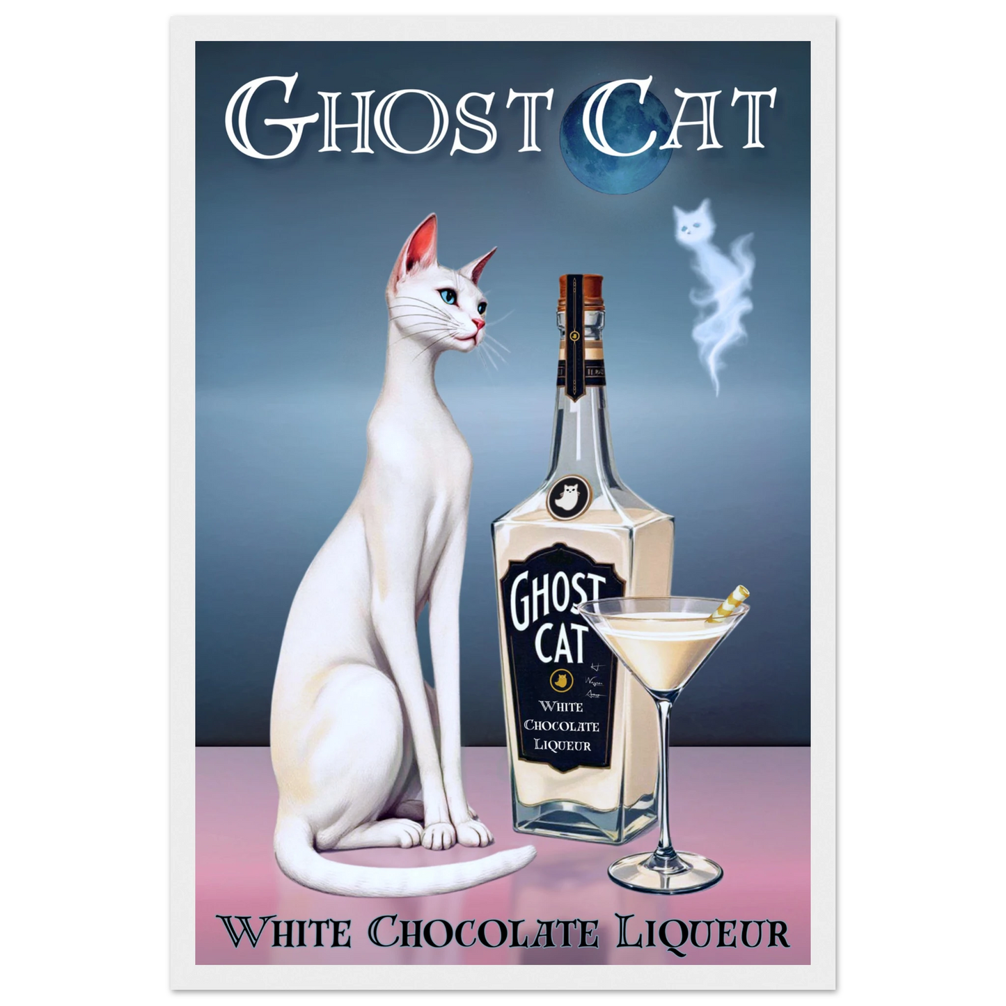 White Cat Martini Cocktail Bar Art Print 30x45 cm 12x18″ Classic Matte Paper Wooden Framed Poster White Wood Frame