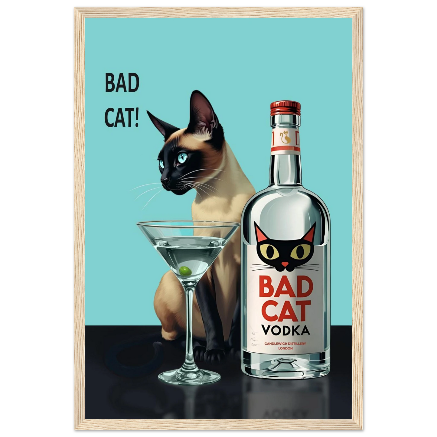Siamese Cat Retro Martini Cocktail Bar Art Print Black Wood Frame 60x90 cm 24x36″ Framed Canvas
