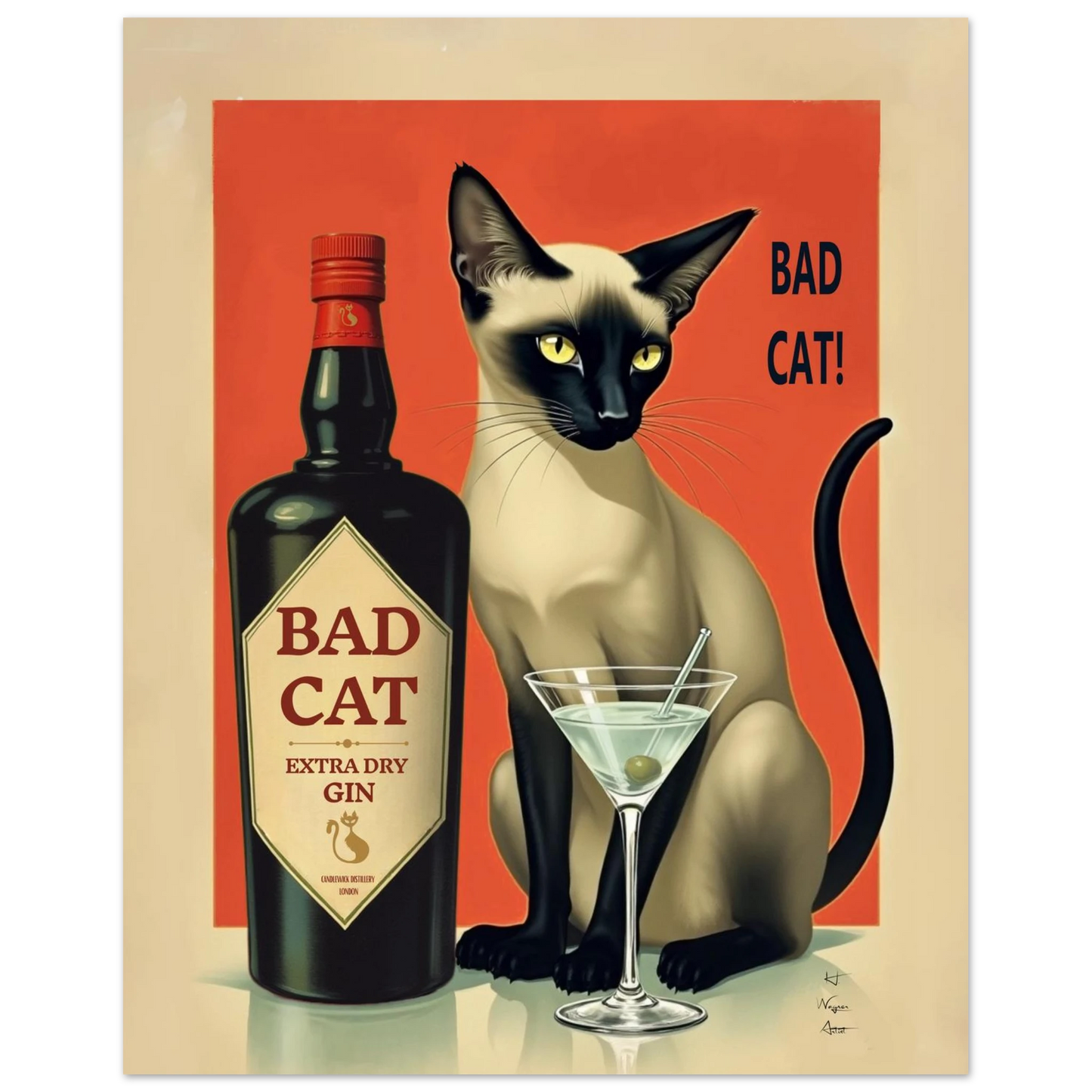 Siamese Cat Gin Martini Cocktail Art Print 40x50 cm 16x20″ Premium Matte Paper Poster No Frame