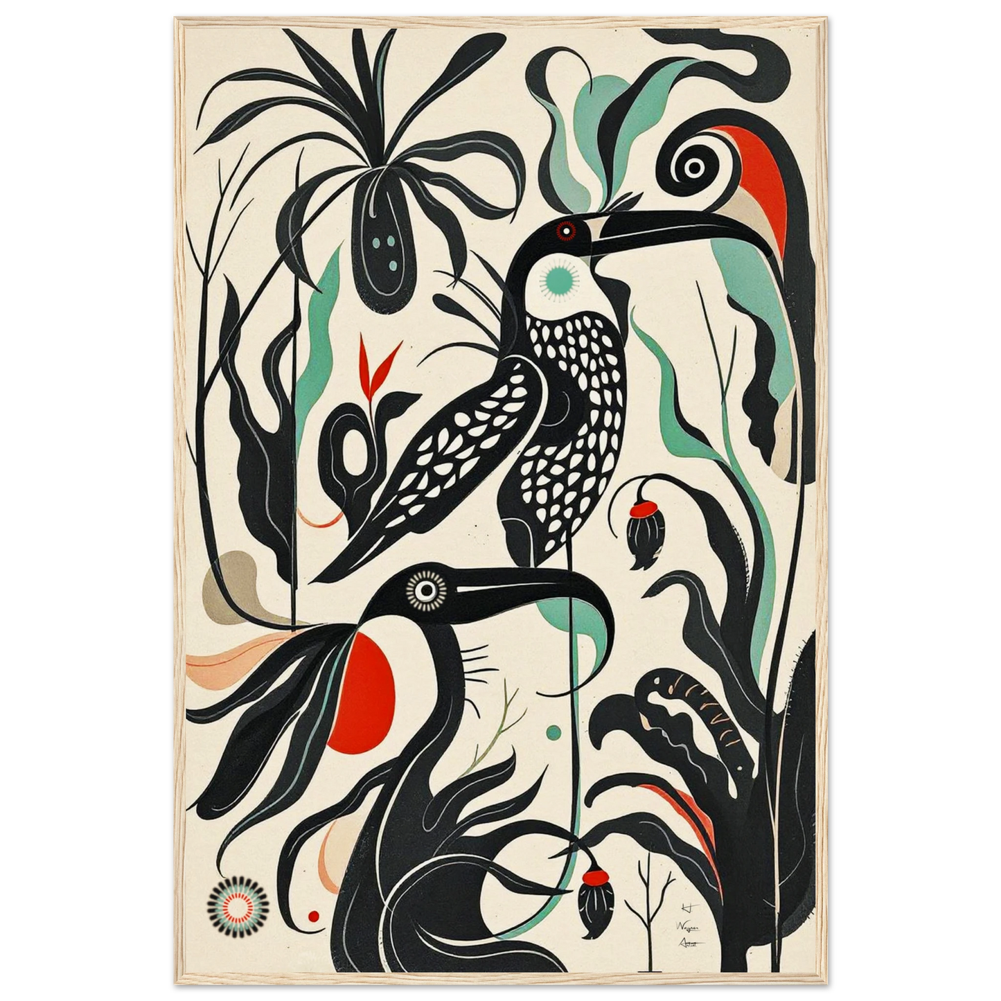 Mid-Century Modern Tropical Bird Art Print Light Wood Frame 60x90 cm 24x36″ Museum-Quality Matte Wooden Framed Poster