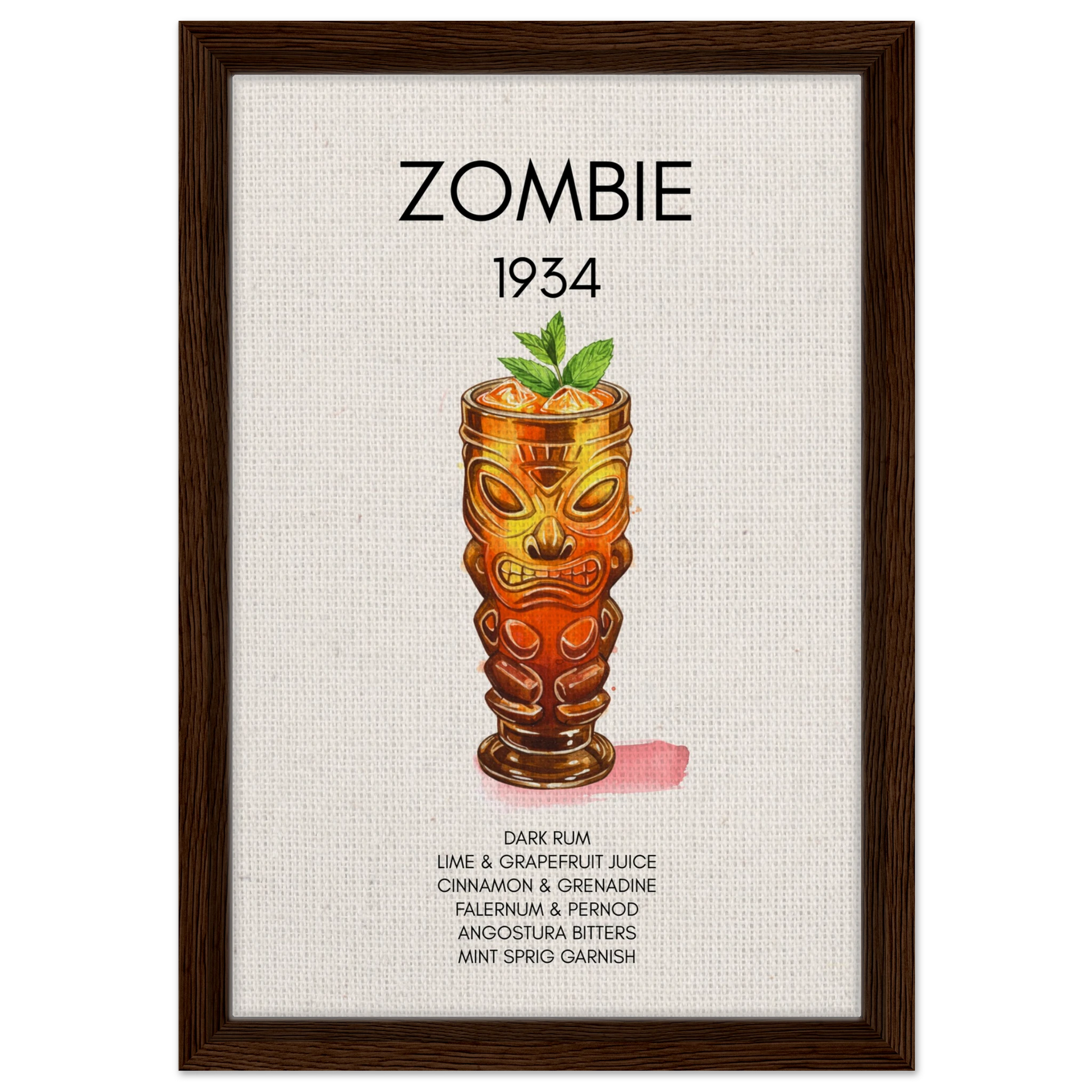 Zombie Tiki Cocktail Bar Art Print Dark Brown Wood Frame 30x45 cm 12x18″ Framed Canvas