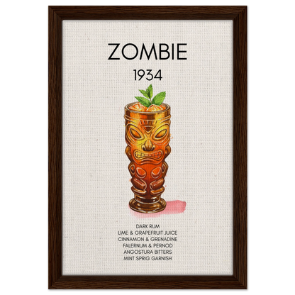 Zombie Tiki Cocktail Bar Art Print Dark Brown Wood Frame 30x45 cm 12x18″ Framed Canvas