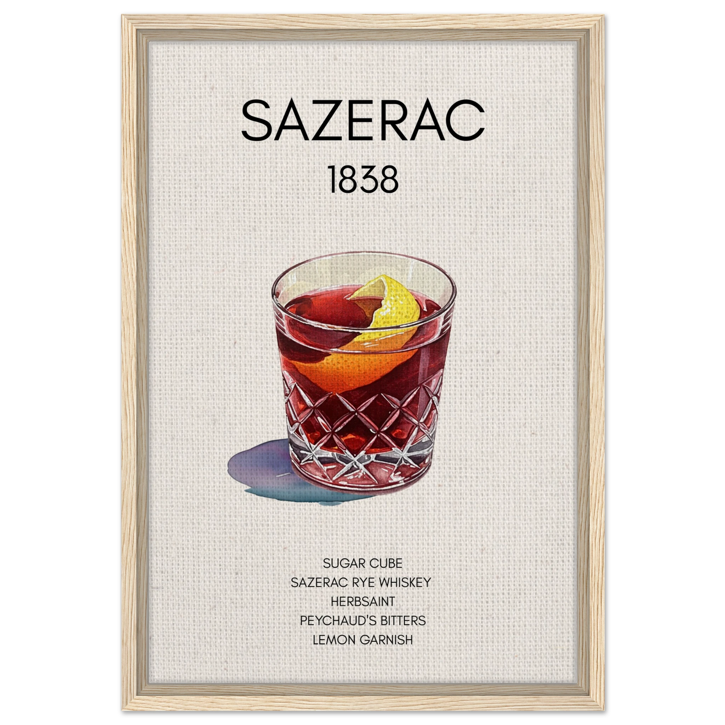 Sazerac Cocktail Bar Poster Print Light Wood Frame 40x60 cm 16x24″ Framed Canvas
