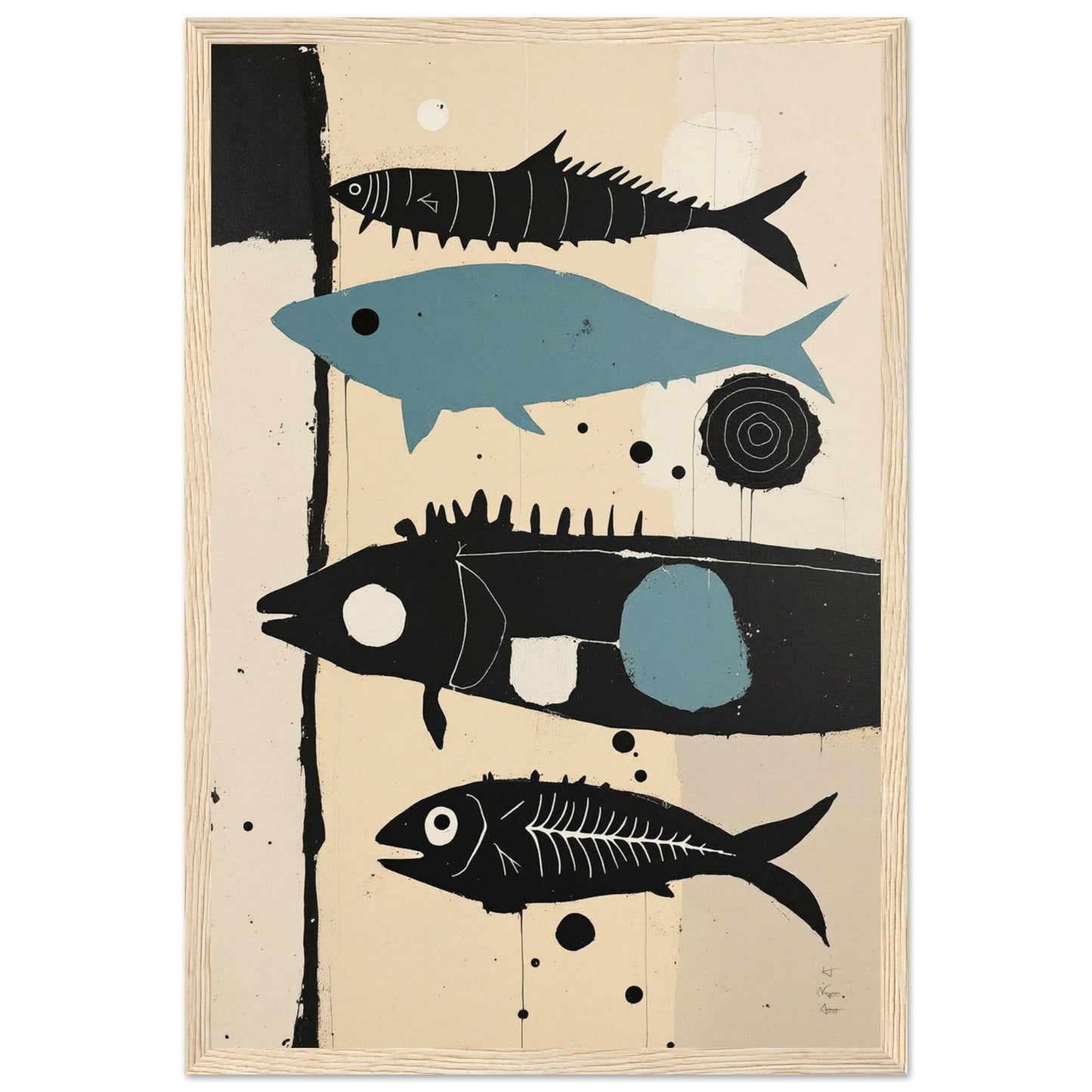 Mid-Century Modern Fish Art Poster Print – Framed Abstract Neutral Wall Decor Light Wood Frame 30x45 cm 12x18″ Museum-Quality Matte Wooden Framed Poster