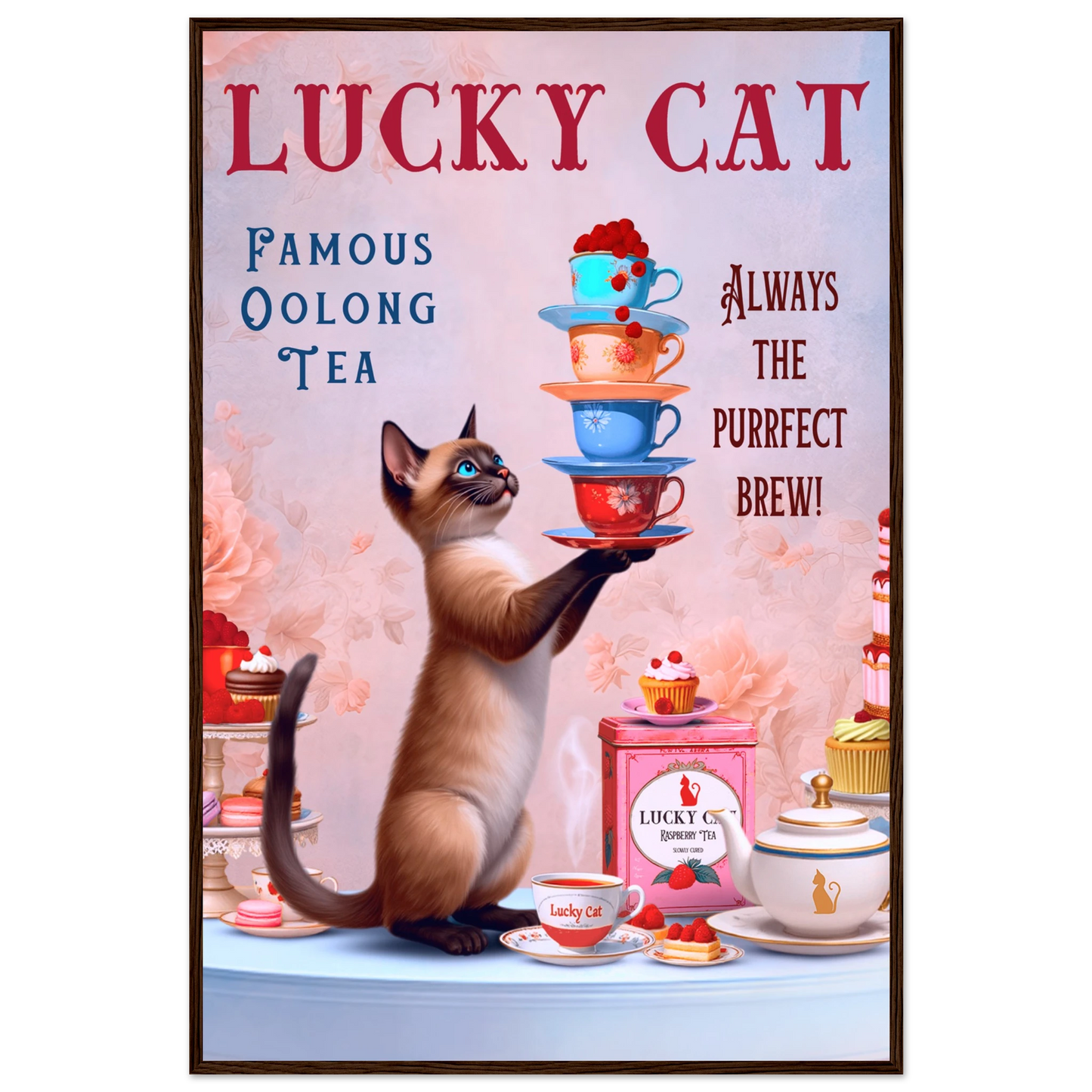 Siamese Lucky Cat Vintage Tea Art Print 60x90 cm 24x36″ Classic Matte Paper Wooden Framed Poster Dark Brown Wood Frame