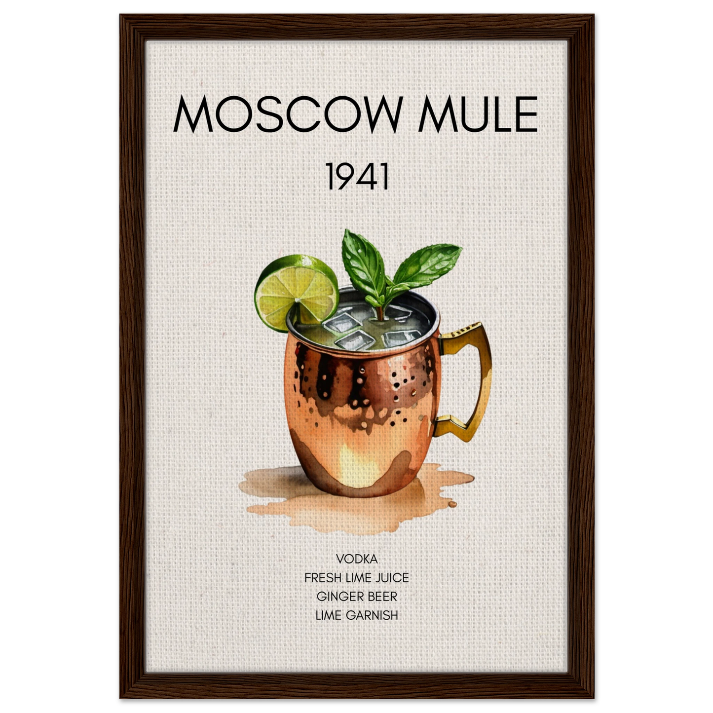Moscow Mule Cocktail Bar Poster Print Dark Brown Wood Frame 40x60 cm 16x24″ Framed Canvas