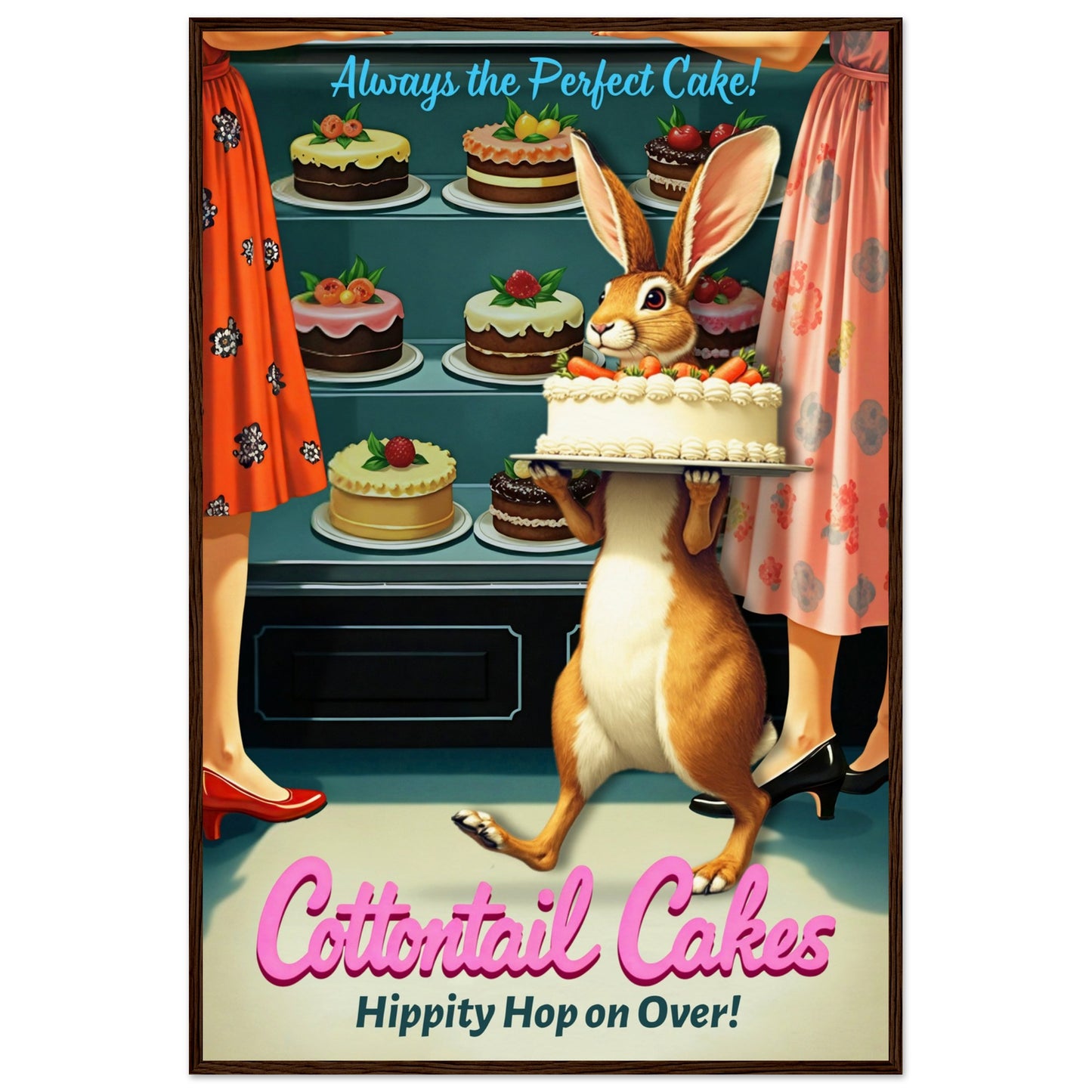 Cottontail Cakes 1950s Rabbit Art Print 60x90 cm 24x36″ Museum-Quality Matte Framed Poster - Dark Brown Wood