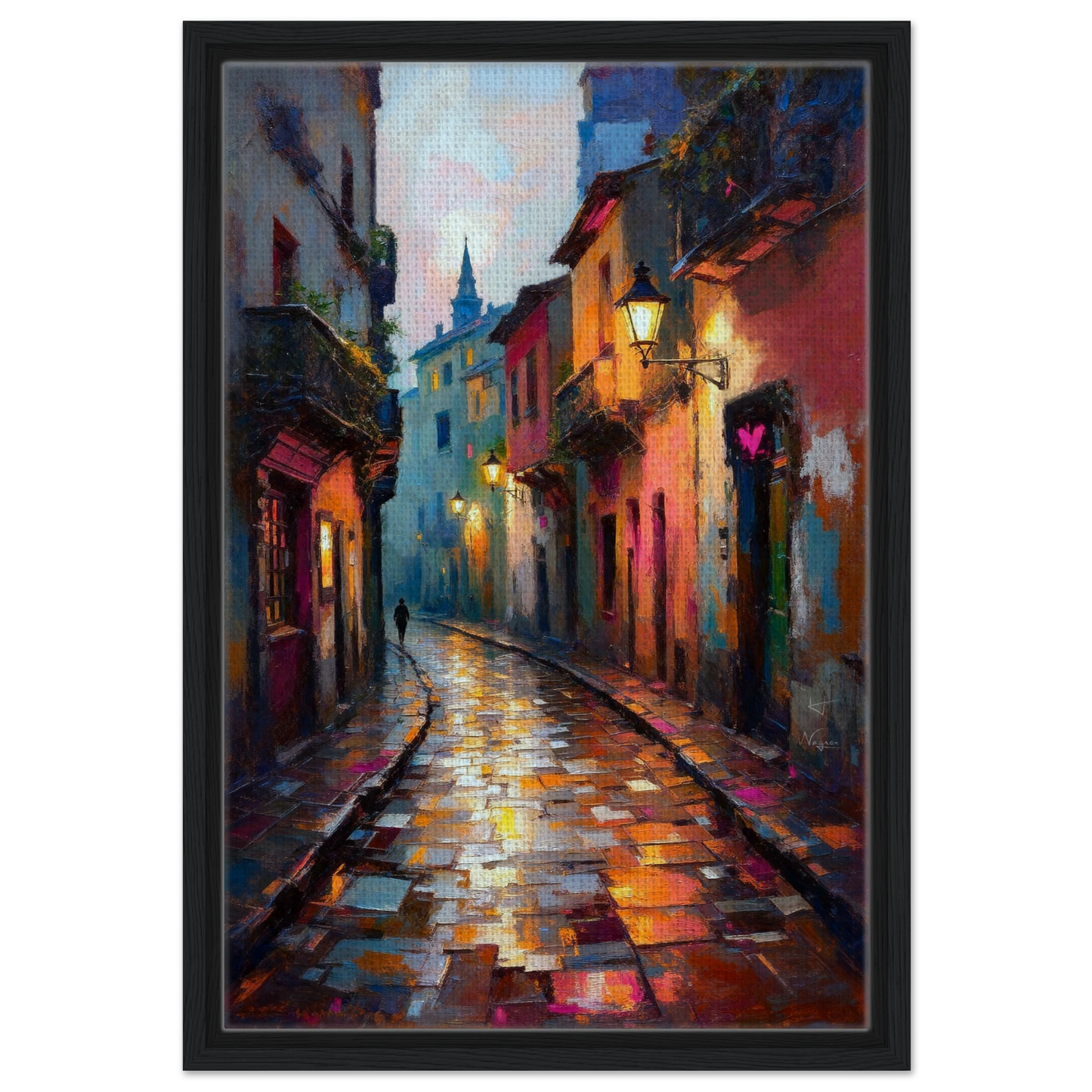 Old Europe Romantic Street Art Print 40x60 cm 16x24″ Framed Canvas Black Wood