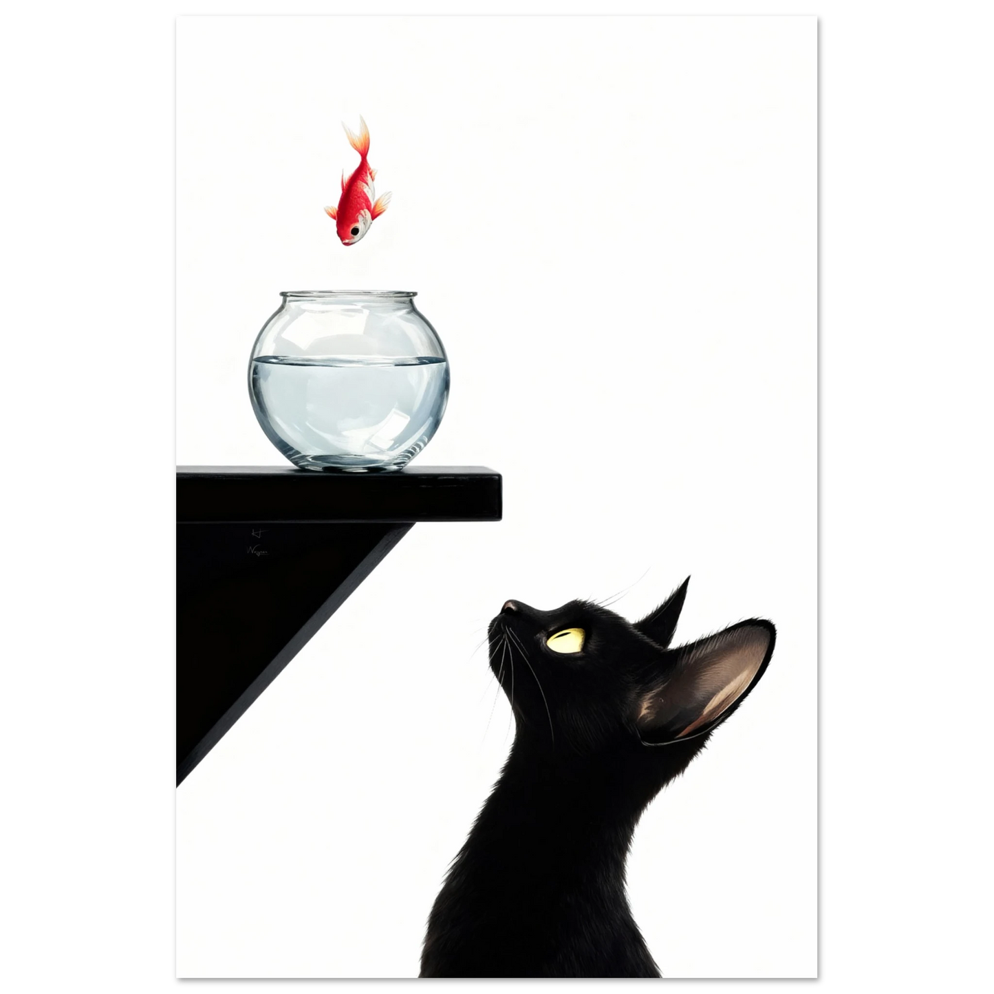 Curious Black Cat Goldfish Minimalist Art Print 60x90 cm 24x36″ Premium Matte Poster