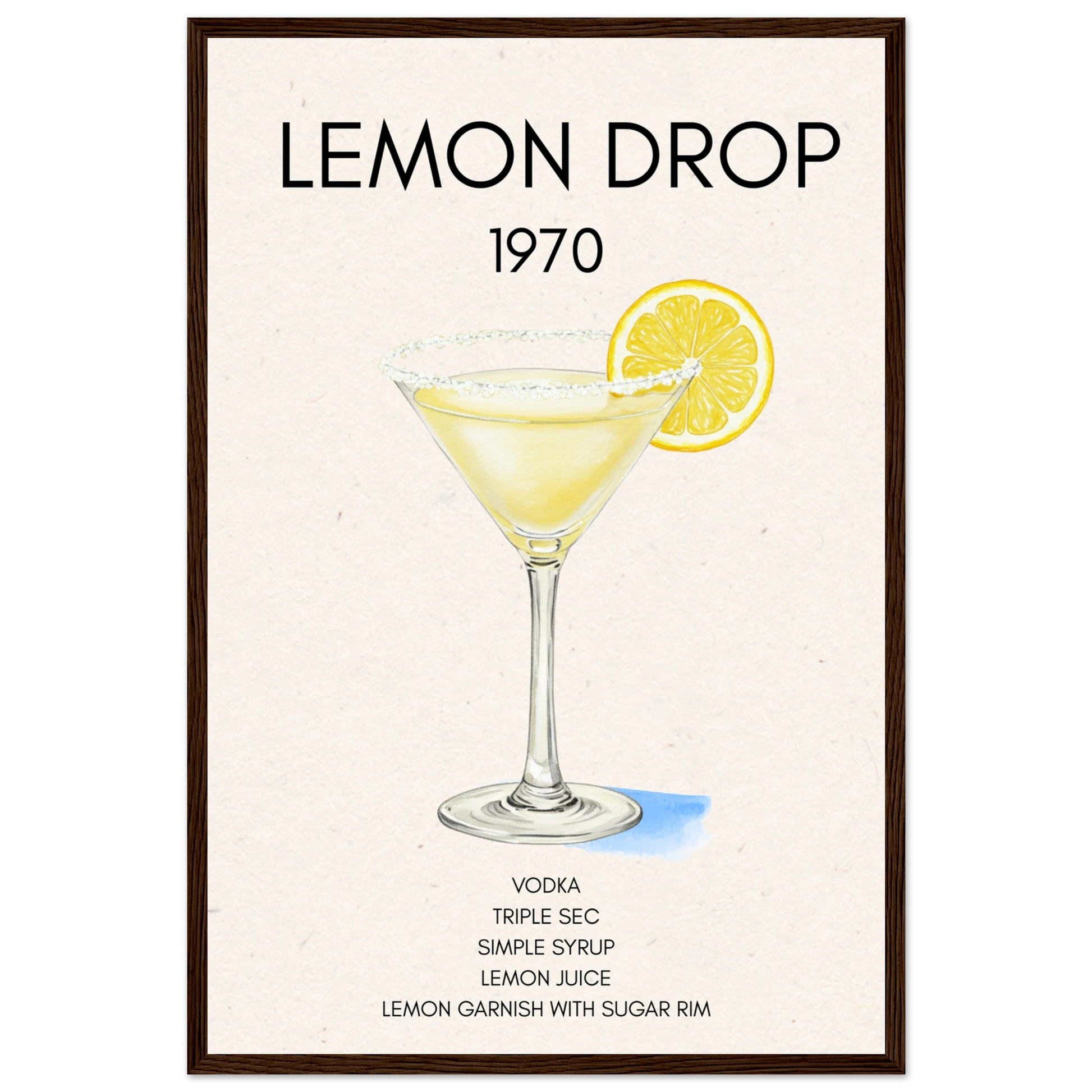 Lemon Drop Martini Cocktail Bar Art Print Dark Brown Wood Frame 40x60 cm 16x24″ Premium Matte Paper Wooden Framed Poster