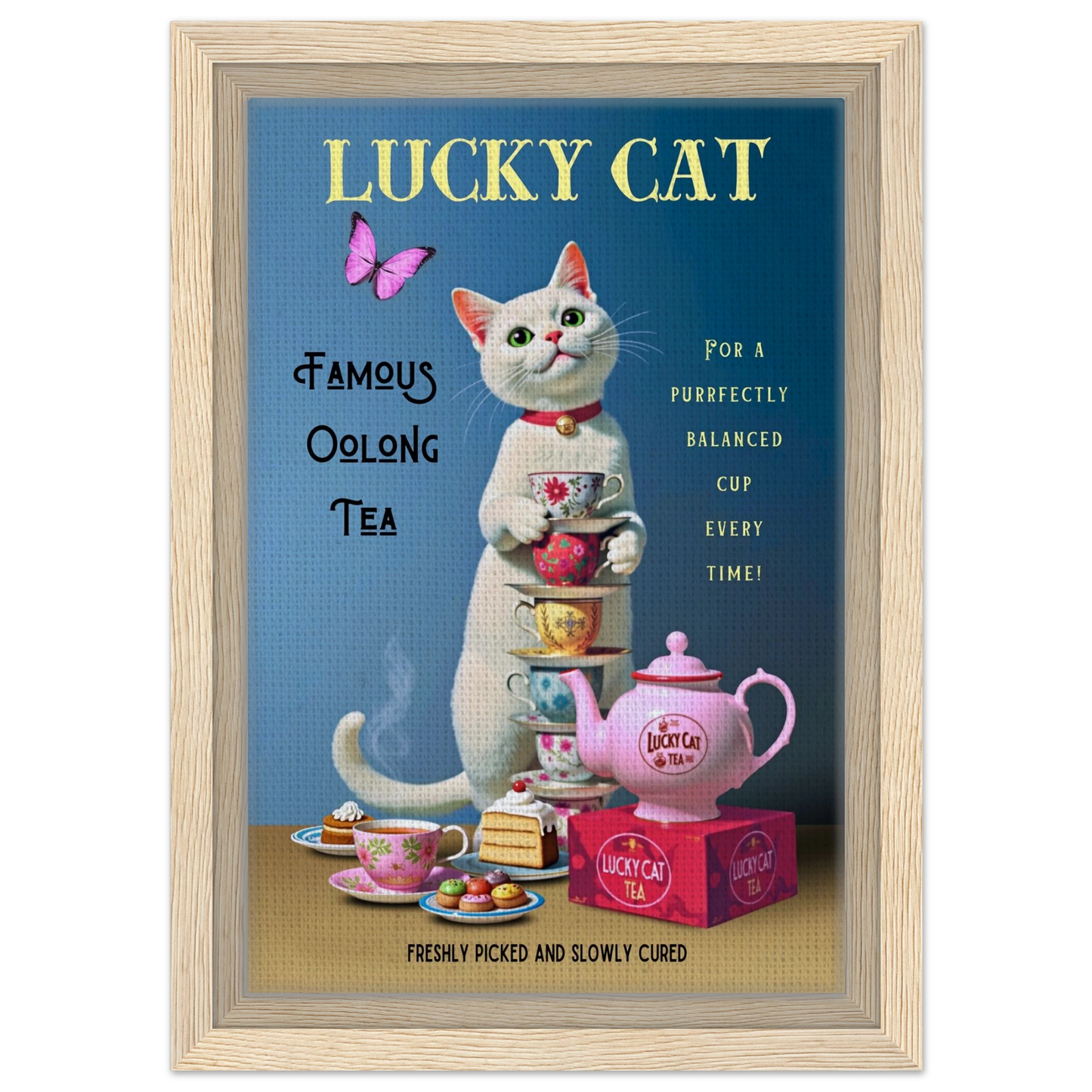White Lucky Cat Tea Vintage Fine Art Print Light Wood Frame 20x30 cm 8x12″ Framed Canvas