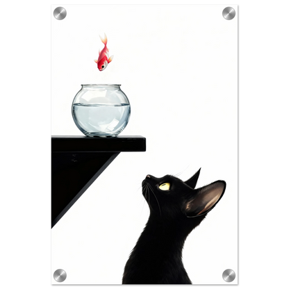 Curious Black Cat Goldfish Minimalist Art Print 30x45 cm 12x18″ Sleek Acrylic Print