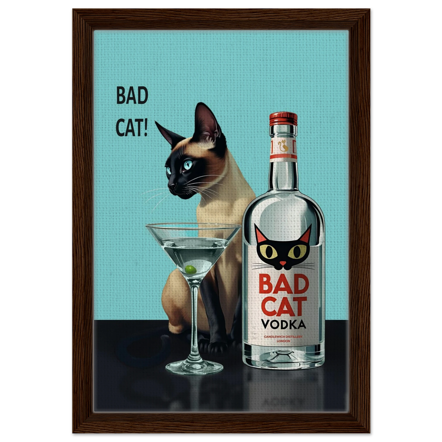 Siamese Cat Retro Martini Cocktail Bar Art Print Dark Brown Wood Frame 30x45 cm 12x18″ Framed Canvas