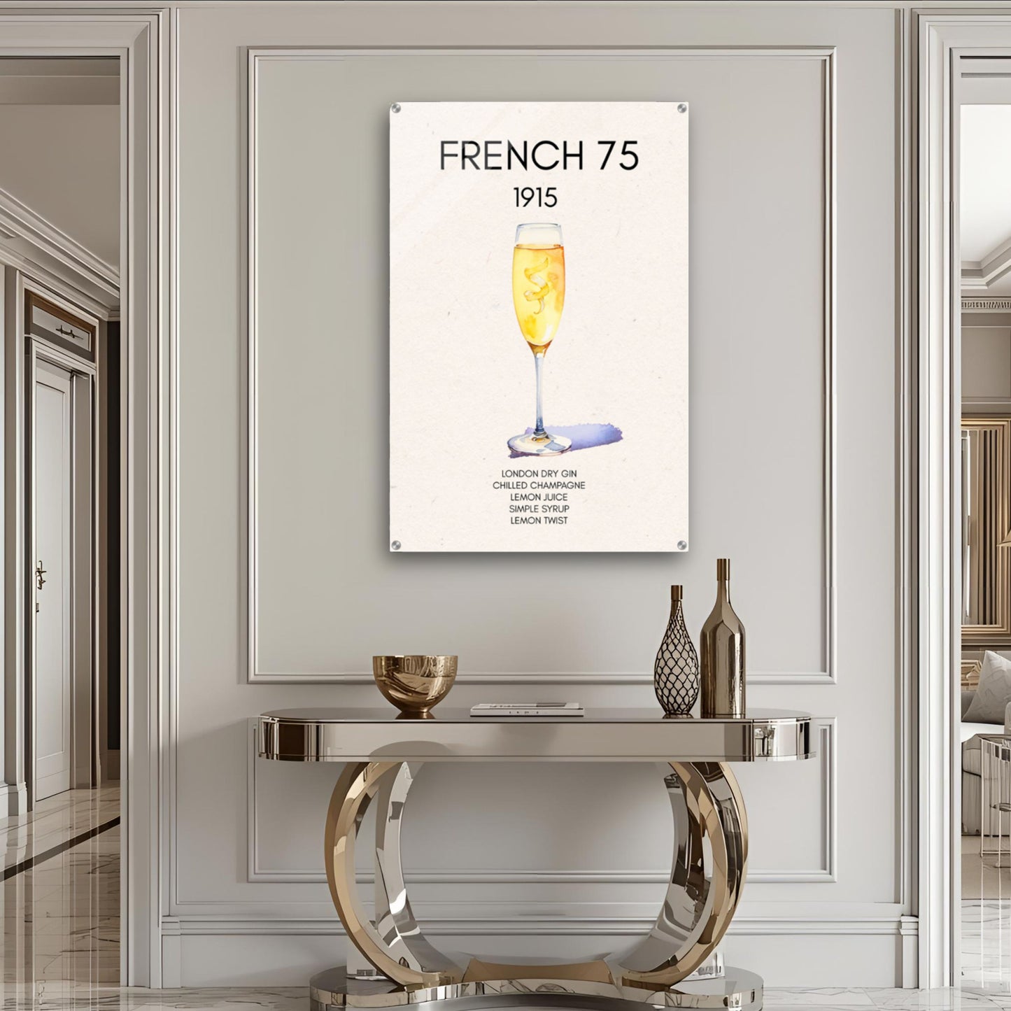 French 75 Cocktail Art Print Dark Brown Wood Frame 60x90 cm 24x36″ Framed Canvas