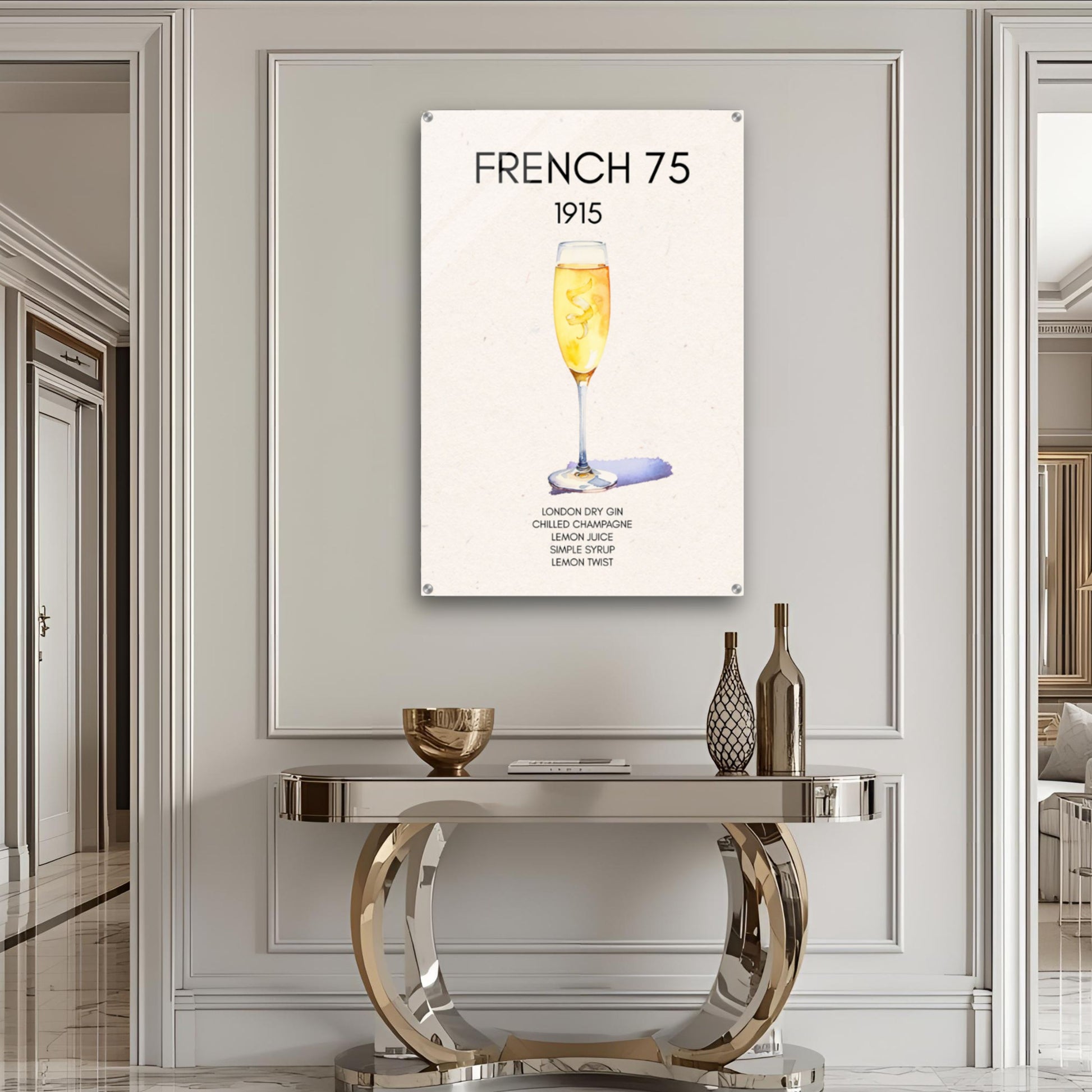 French 75 Cocktail Art Print Dark Brown Wood Frame 60x90 cm 24x36″ Framed Canvas